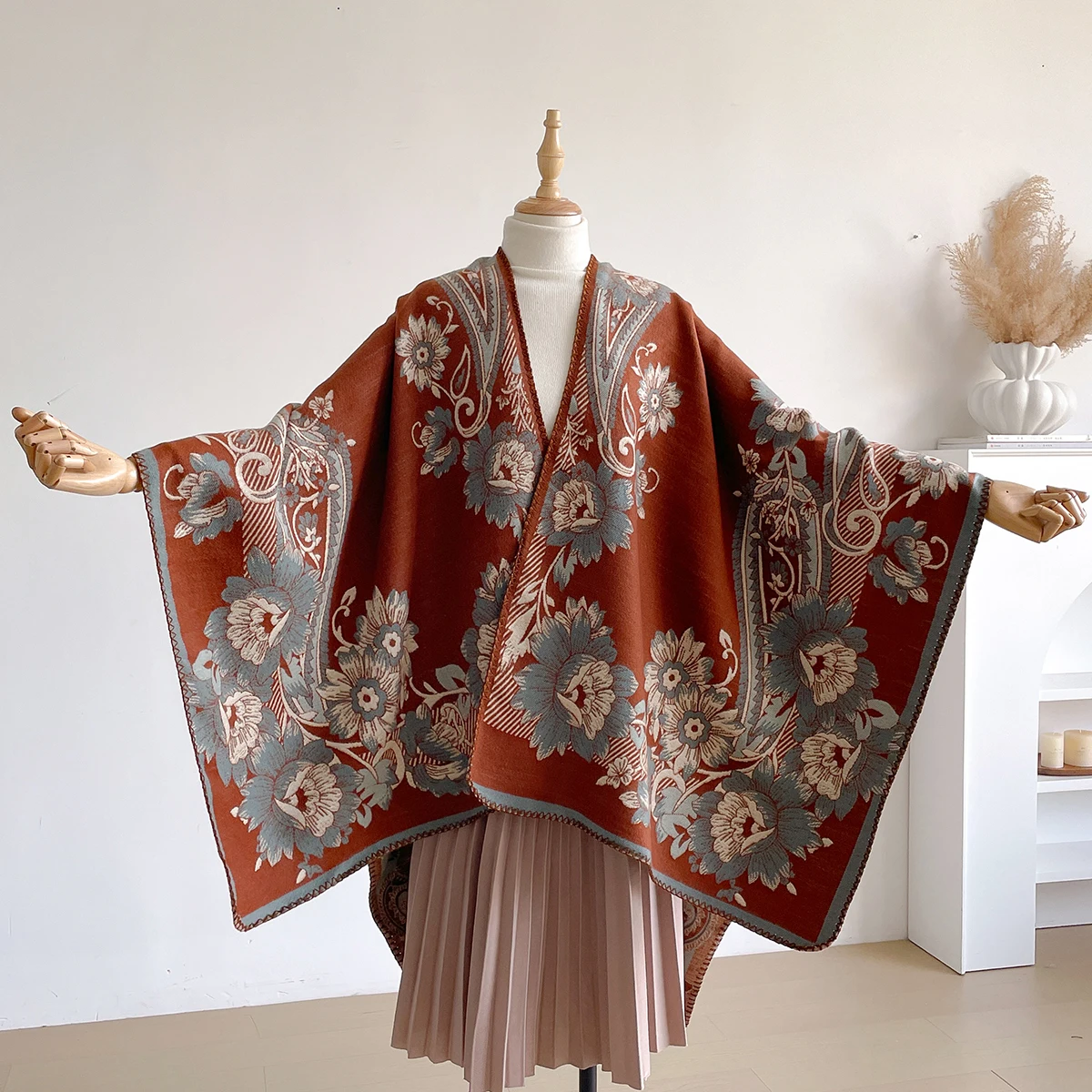 Brand Fashion Damen-Winter-Kaschmirschal – helles Blumen-Ölgemälde, bedruckt, Pashmina, dicker Wickel, Poncho und Echarpe Image
