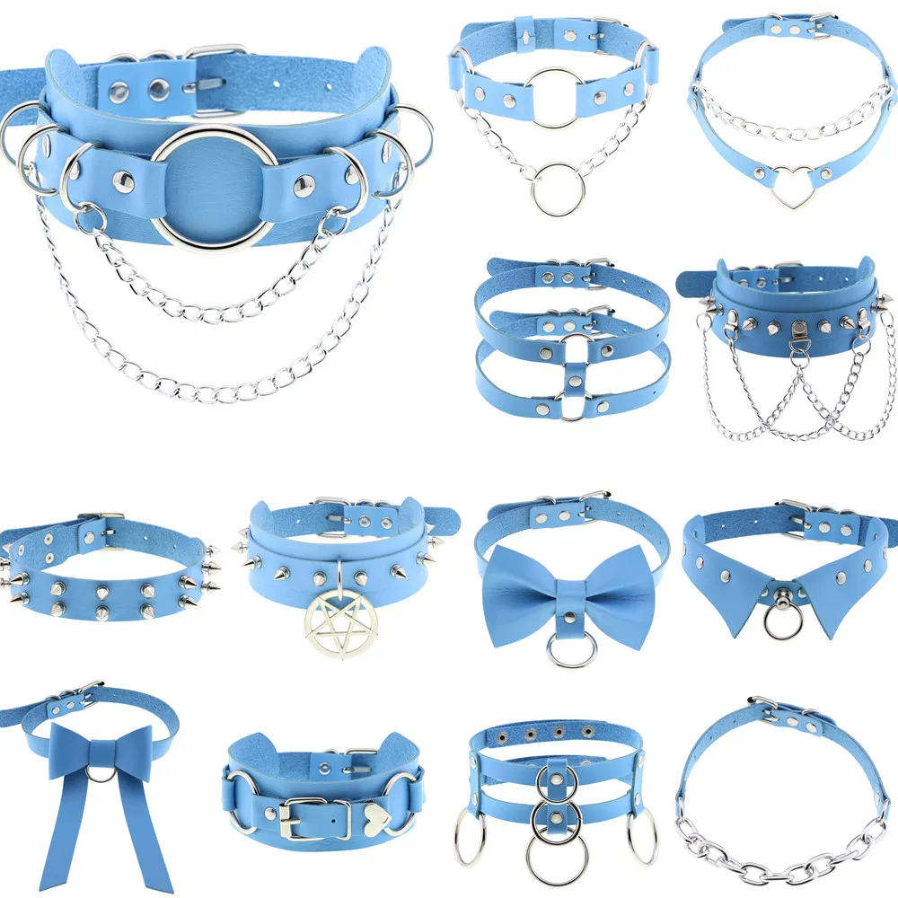 DIEZI Harajuku Vintage Goth Sky Blue PU Leder Halskette Frauen Männer Sexy Cosplay Gothic Chian Choker Aussage Halskette Schmuck Image