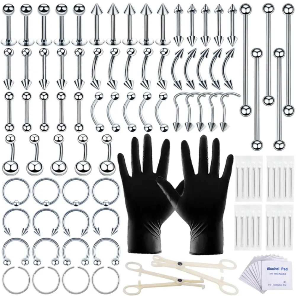 105-teiliges Piercing-Set, Nasenseptum-Ringe, Silberschmuck für Nase, Bauchnabel, Zunge, Körperpiercing-Werkzeug-Set mit Nadel, Y2K Image