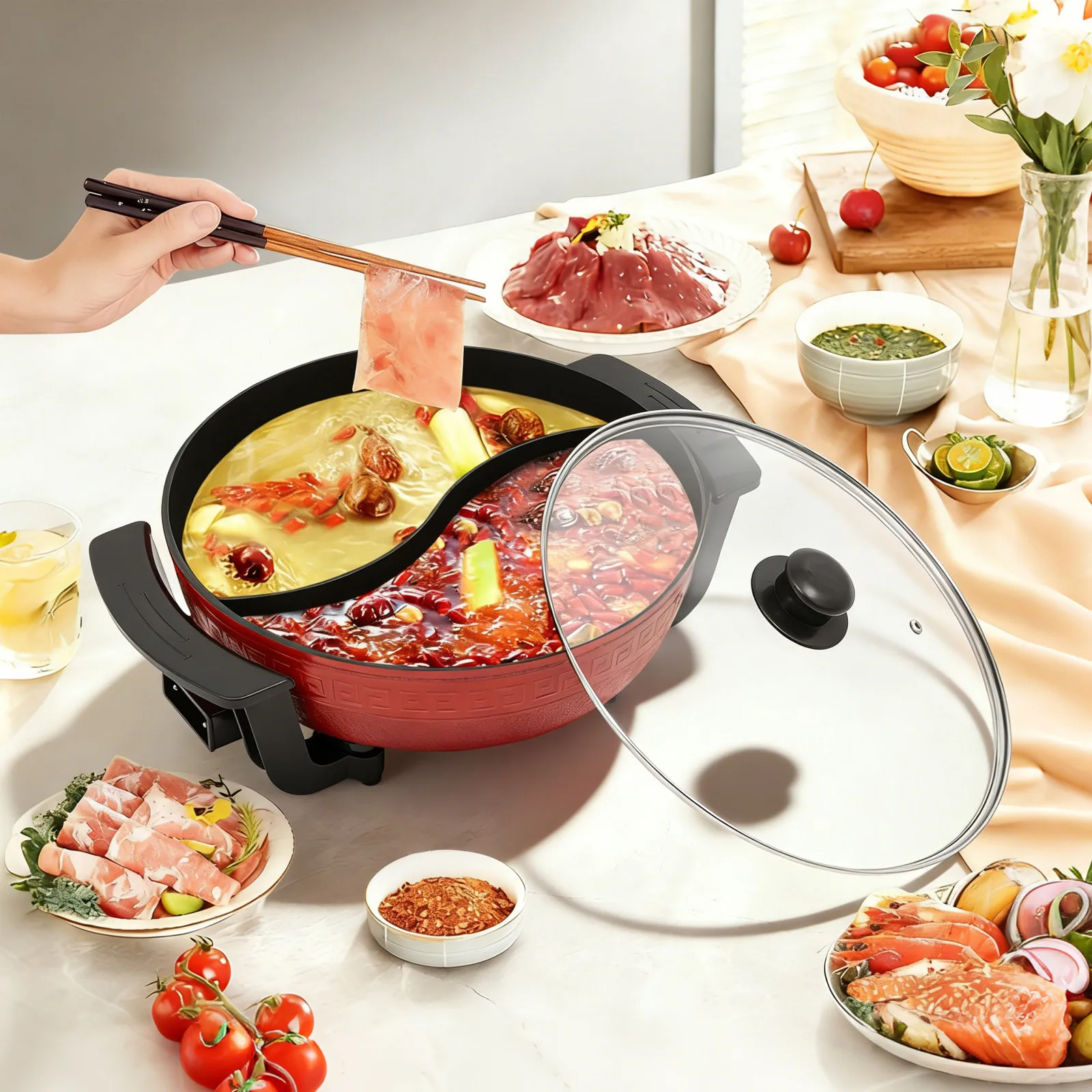 6L Haushalts-Elektro-Hot Pot mit großer Kapazität, doppelter Geschmack, antihaftbeschichtet, Mandarin-Enten-Topf, 1360 W, multifunktionaler Topf für 3–4 Personen Image