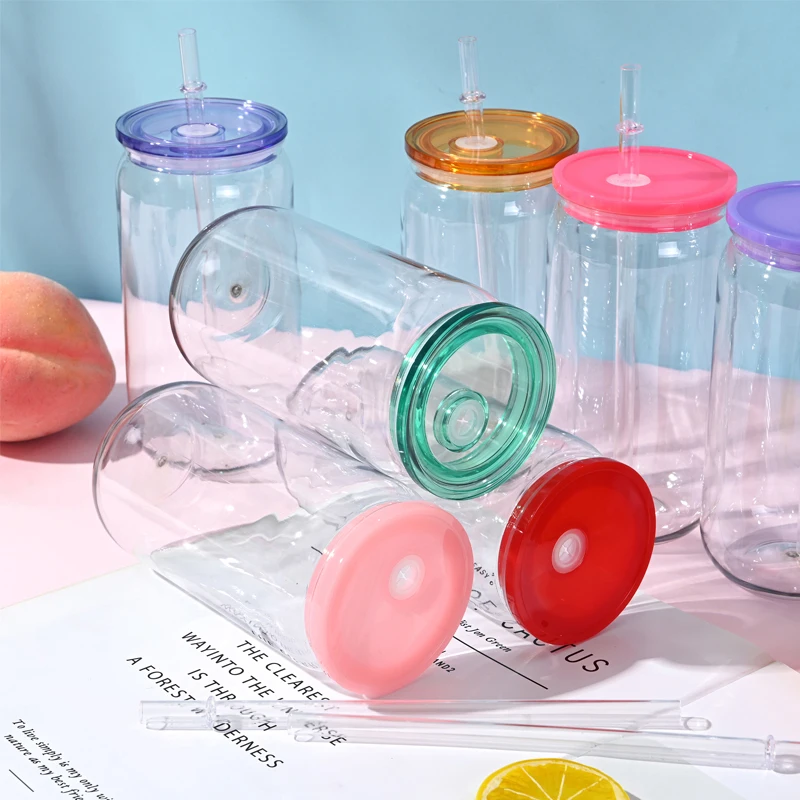 6 Stück transparenter Kunststoff-Strohhalmbecher mit farbigem Deckel, BPA-frei, kommt mit Schraube und Becherdeckel, kann Milchkaffee-Wurfsicher 16 Unzen Image