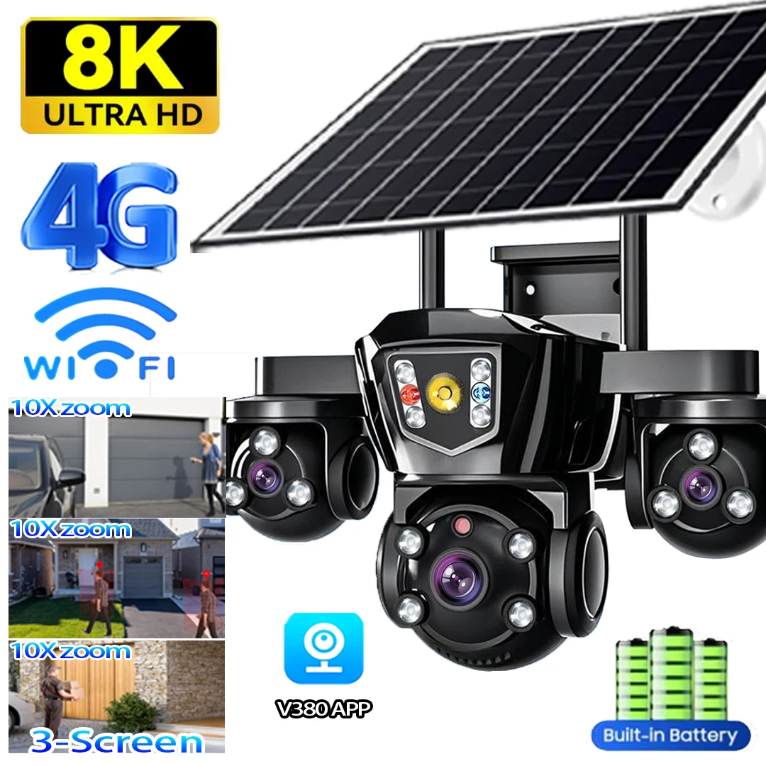 15MP 3 lenti Tre schermi 4G Sim Telecamera solare Sorveglianza esterna WiFi Zoom digitale 10X Telecamere di sicurezza con tracciamento automatico V380 Pro