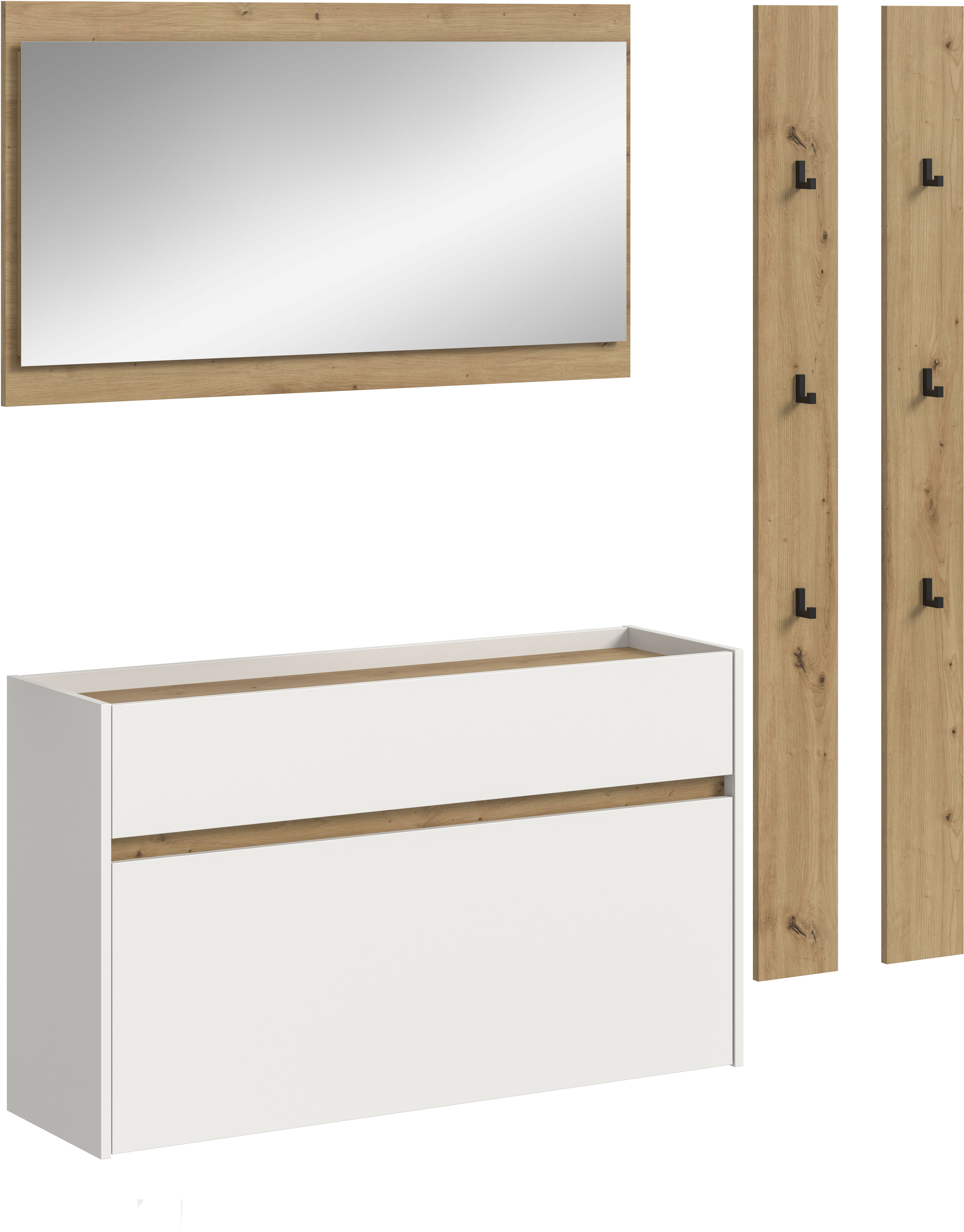 Garderoben-Set INOSIGN "EVRID, 4-teilig, Breite 172 cm, individuell hängbar & erweiterbar", weiß nb, artisan oak nb, B:172cm H:197cm T:32cm, Spanplatte, Kastenmöbel-Sets, Garderobenkombination, Garderobe, Wandgarderobe, Flur, Diele Image