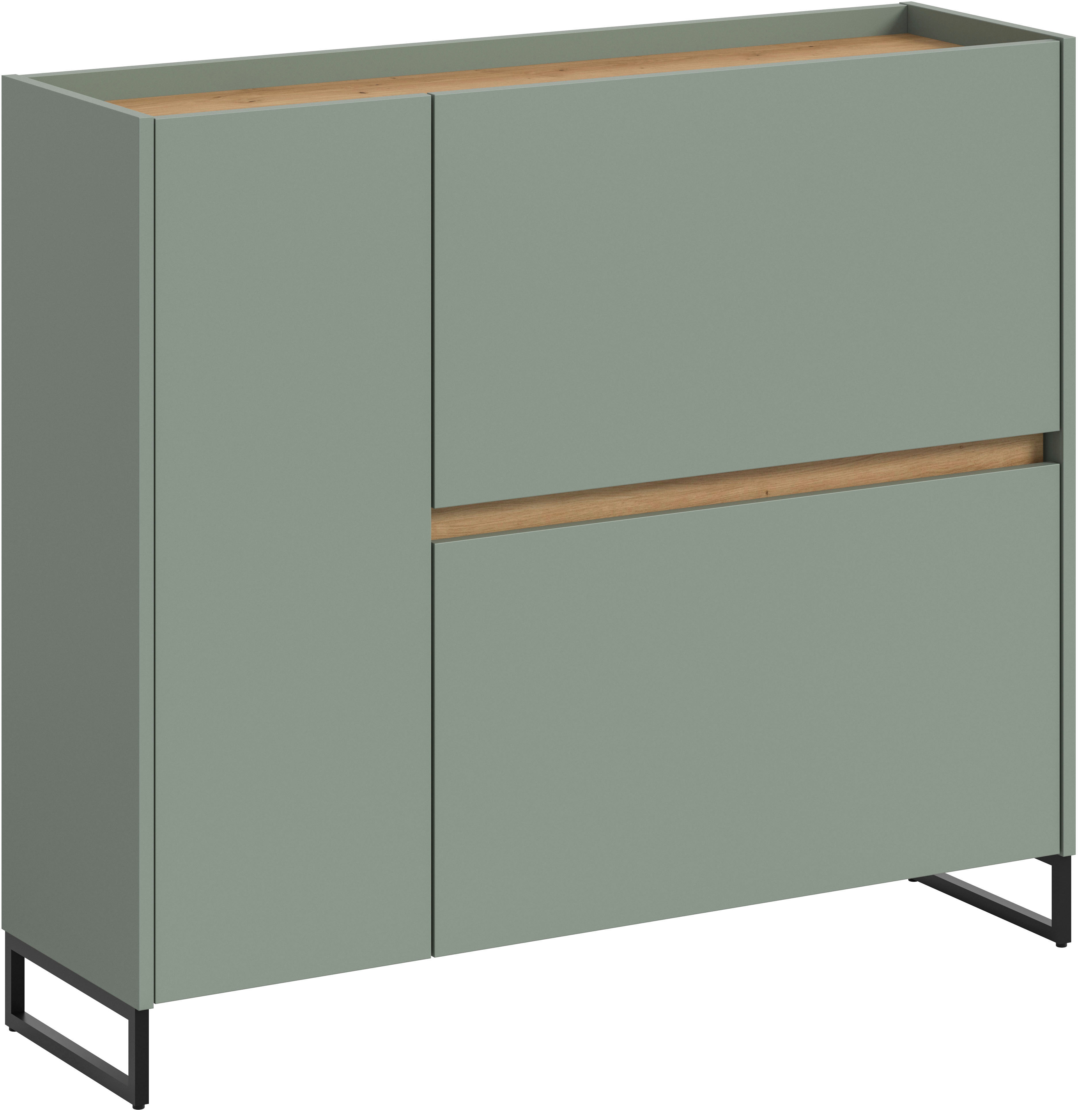 Schuhschrank INOSIGN "EVRID, Breite 110cm, 1 Tür, 2 Schuhwalzen, inkl. Metall-Kufenfüße", salbei nb, artisan oak nb, B:110cm H:97cm T:32cm, Spanplatte, Schränke, Schuhkommode, Kommode, Sideboard, Garderobenschrank, Flurkommode Image