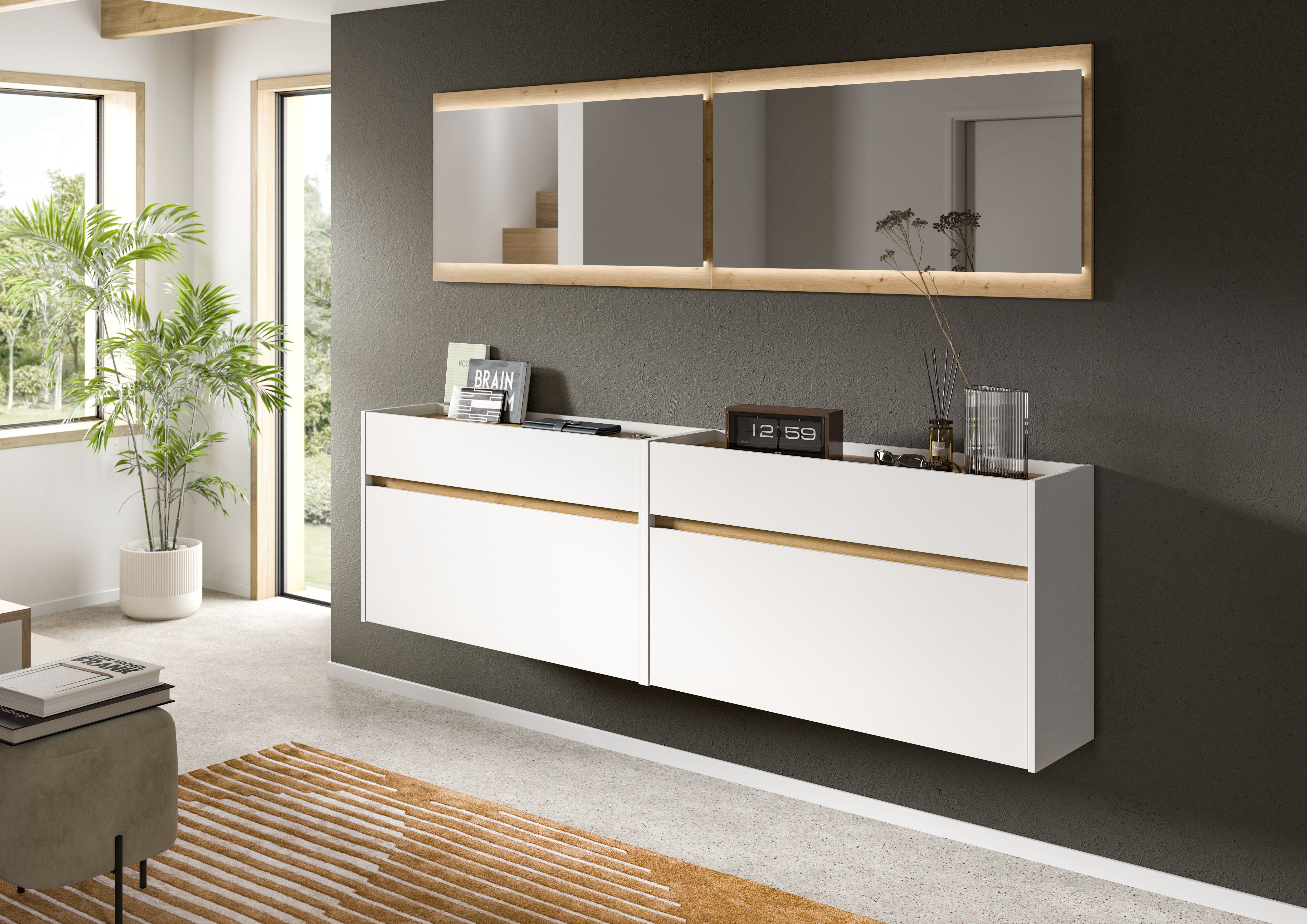 Garderoben-Set HOME AFFAIRE "EVRID, 4-teilig, Breite 220 cm, inkl. Beleuchtung", weiß nb, artisan oak nb, B:220cm H:192cm T:32cm, Spanplatte, Kastenmöbel-Sets, Garderobenkombination, Garderobe, Wandgarderobe, Flur, Diele