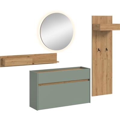 Garderoben-Set INOSIGN "EVRID, 4-teilig, Breite 205 cm, inkl. Beleuchtung", salbei nb, artisan oak nb, B:205cm H:197cm T:32cm, Spanplatte, Kastenmöbel-Sets, Garderobenkombination, Garderobe, Wandgarderobe, Flur, Diele Image