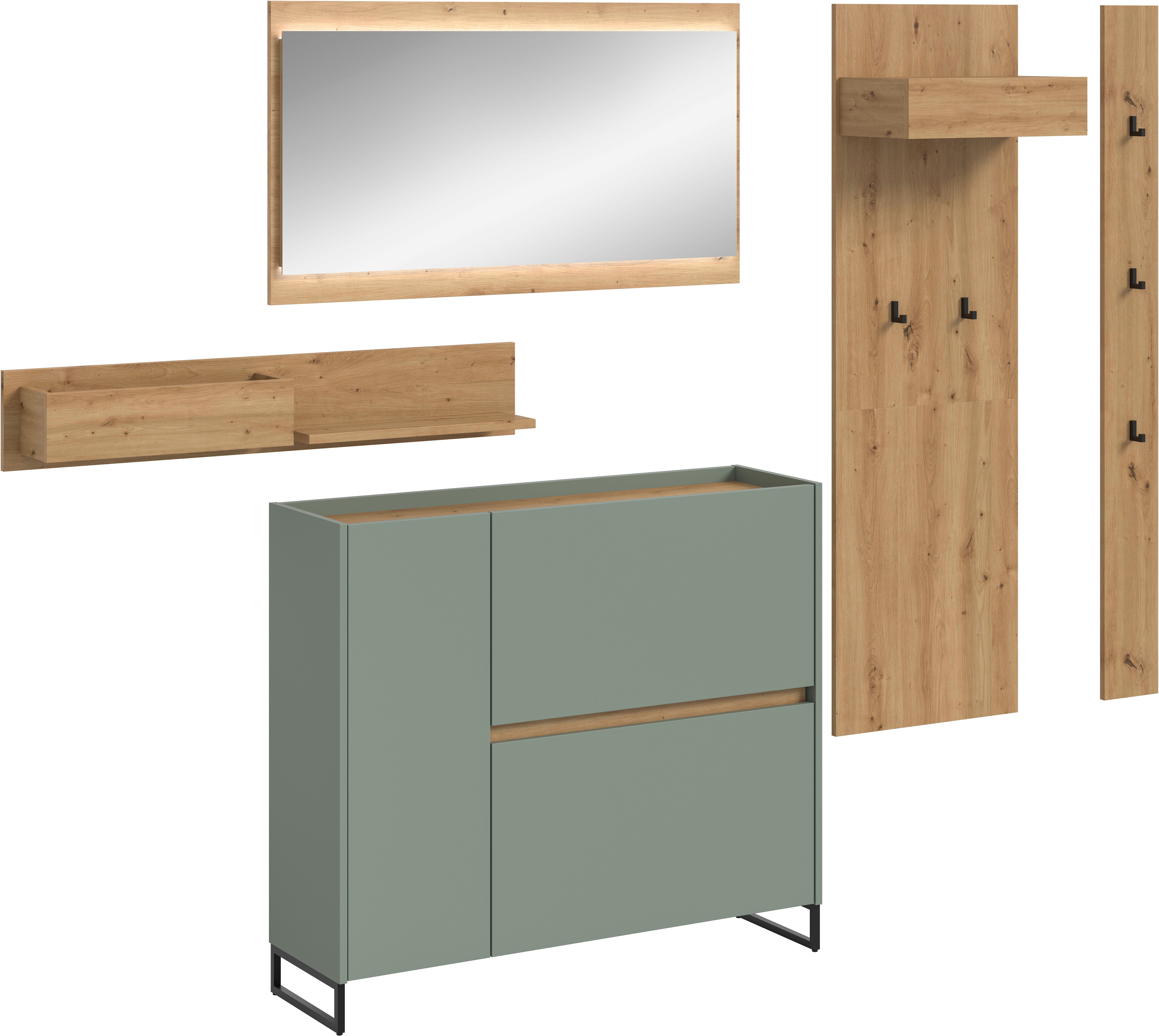 Garderoben-Set HOME AFFAIRE "EVRID, 5-teilig, Breite 236 cm, inkl. Beleuchtung", salbei nb, artisan oak nb, B:236cm H:192cm T:32cm, Spanplatte, Kastenmöbel-Sets, Garderobenkombination, Garderobe, Wandgarderobe, Flur, Diele