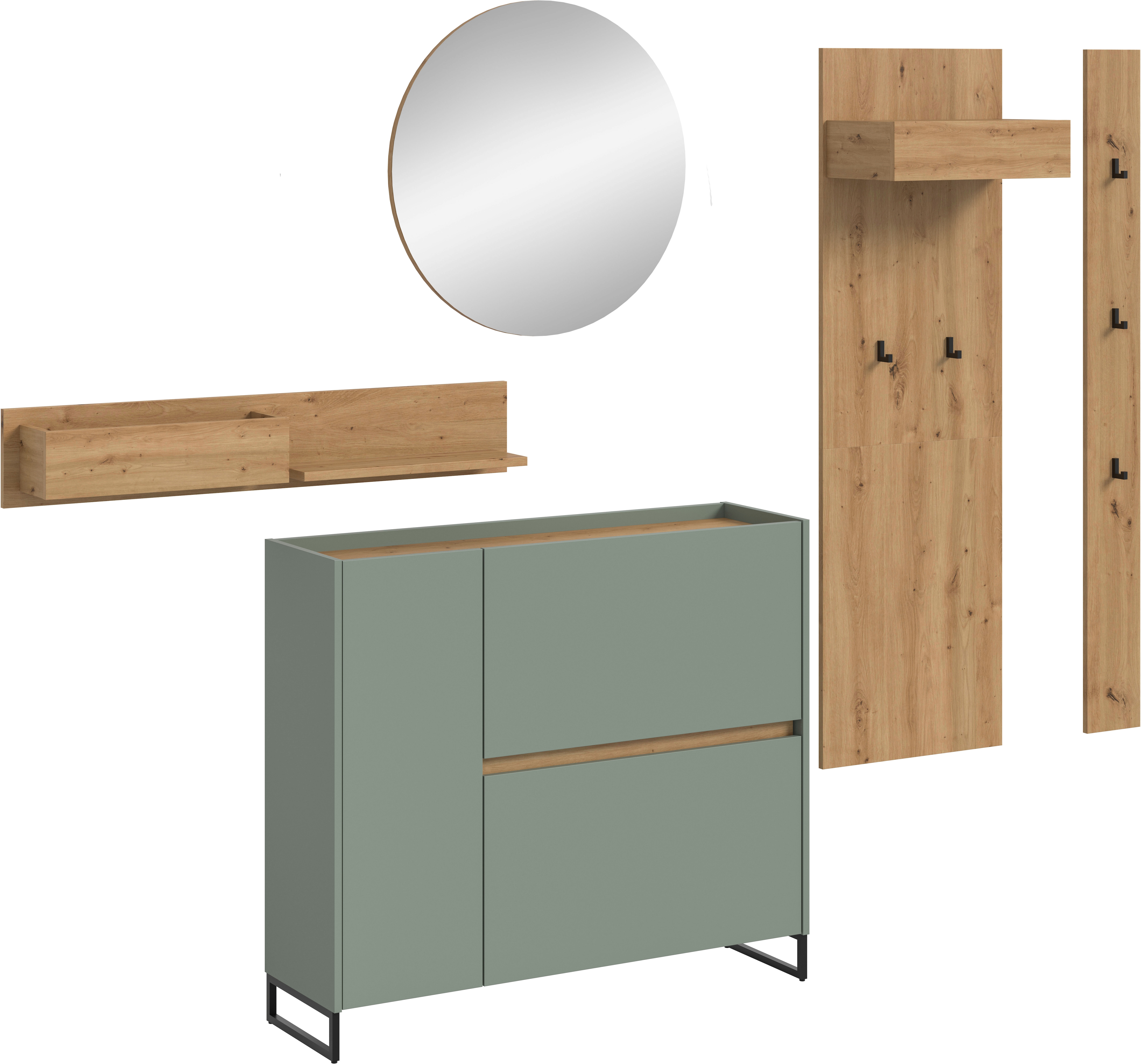 Garderoben-Set HOME AFFAIRE "EVRID, 5-teilig, Breite 236 cm, individuell stellbar & erweiterbar", salbei nb, artisan oak nb, B:236cm H:197cm T:32cm, Spanplatte, Kastenmöbel-Sets, Garderobenkombination, Garderobe, Wandgarderobe, Flur, Diele