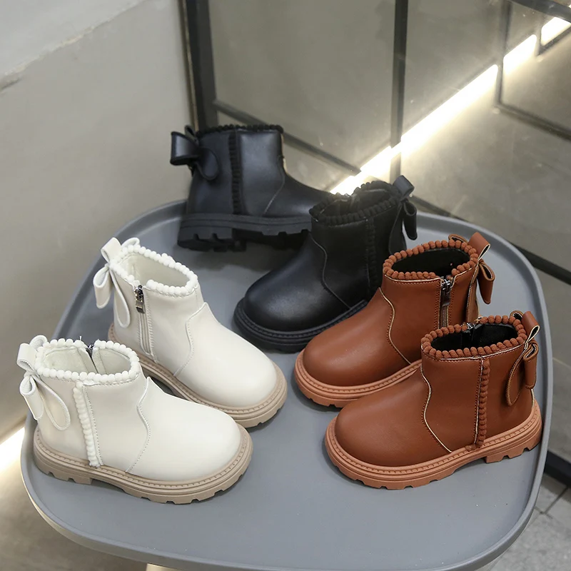 2025 Girls Princess Shoes Girls Brown Black Boots Rubber Party Shoes Anti-slip Baby Plush Shoes with Bow Kids Shoes Girls Boots