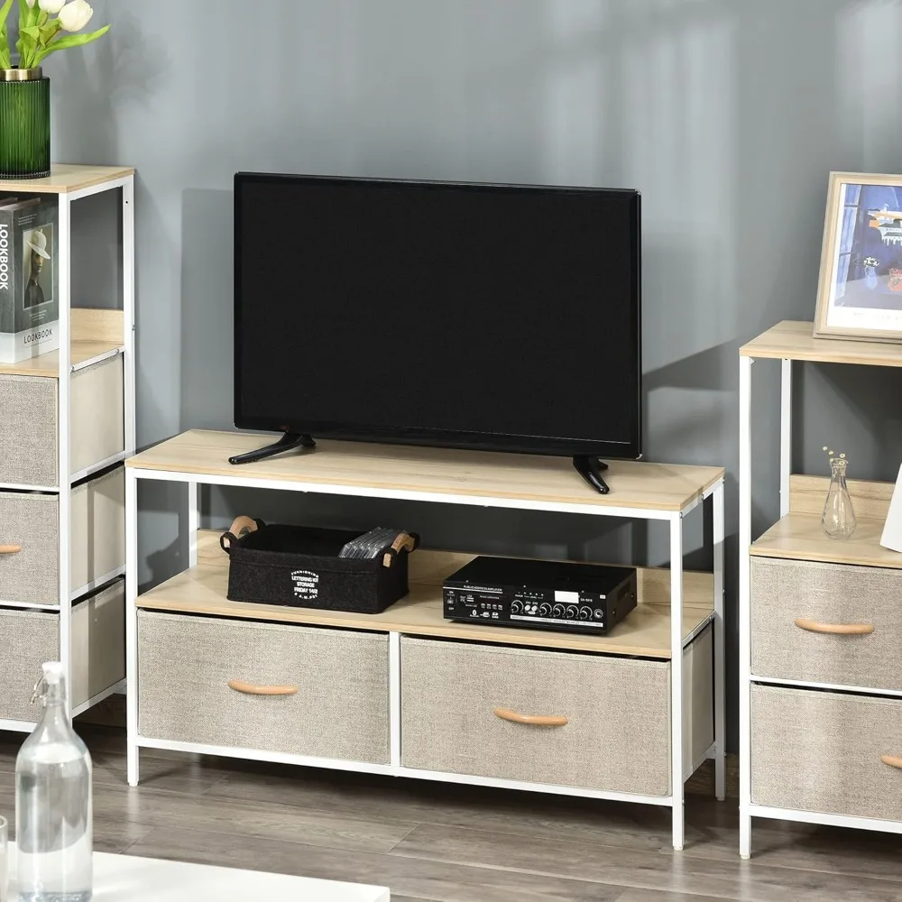Meuble TV Pieds bas Meuble TV pour téléviseurs jusqu'à 47 pouces Style industriel 2 tiroirs en bois naturel gris et métal blanc