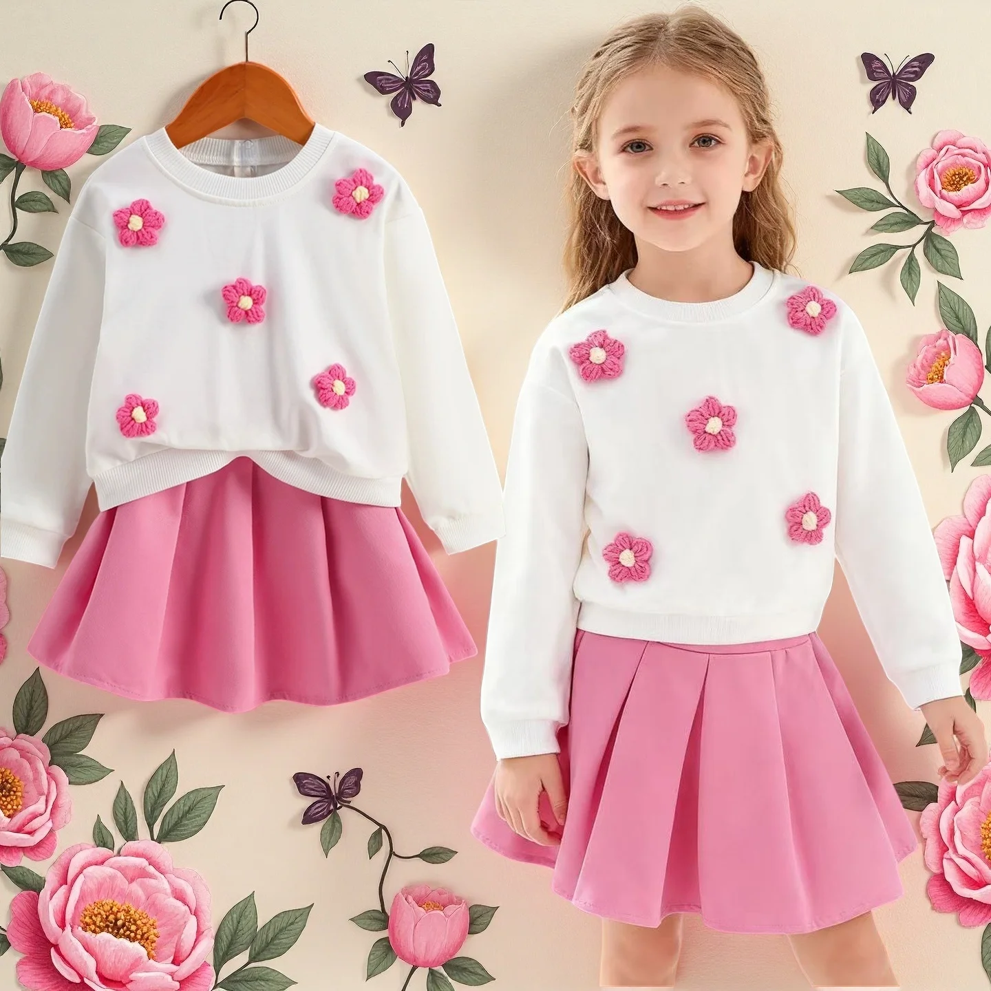 Vêtements pour enfants, chemise à manches longues + jupe demi-plissée, ensemble 2 pièces, robe d