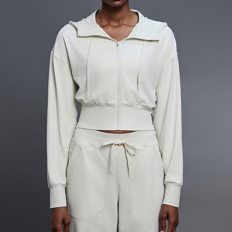 Women's Sports Crop Coat Hooded Jacket Full Zip Jacket Breathable Drawstring Long Sleeve Sports Solid Color Top For Gym Running Fitness Activewear