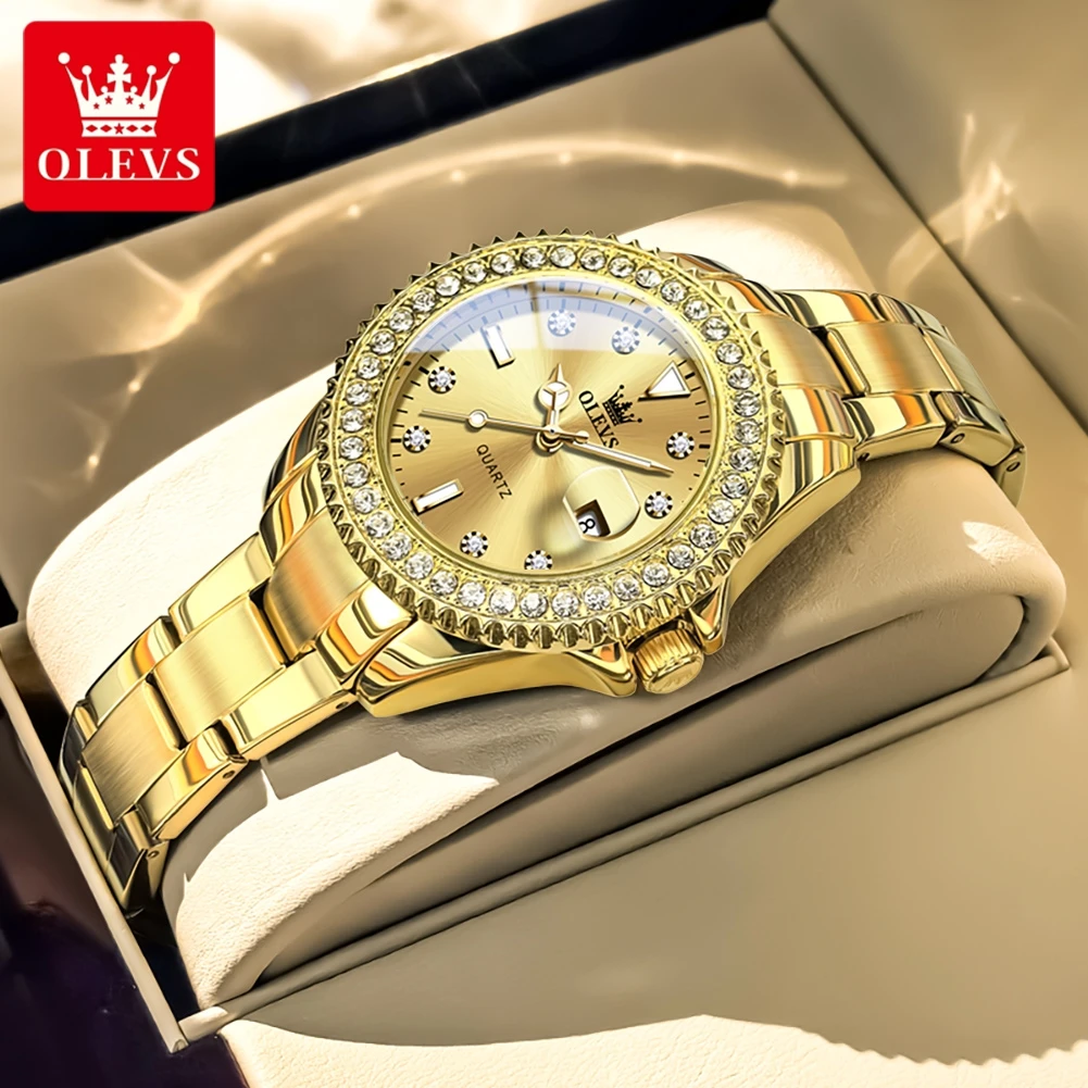 OLEVS 9945 Frauen Marke Original Quarzuhr Luxus Diamant Automatische Kalender Uhr Wasserdicht Gold Elegante Frauen Uhr Reloj
