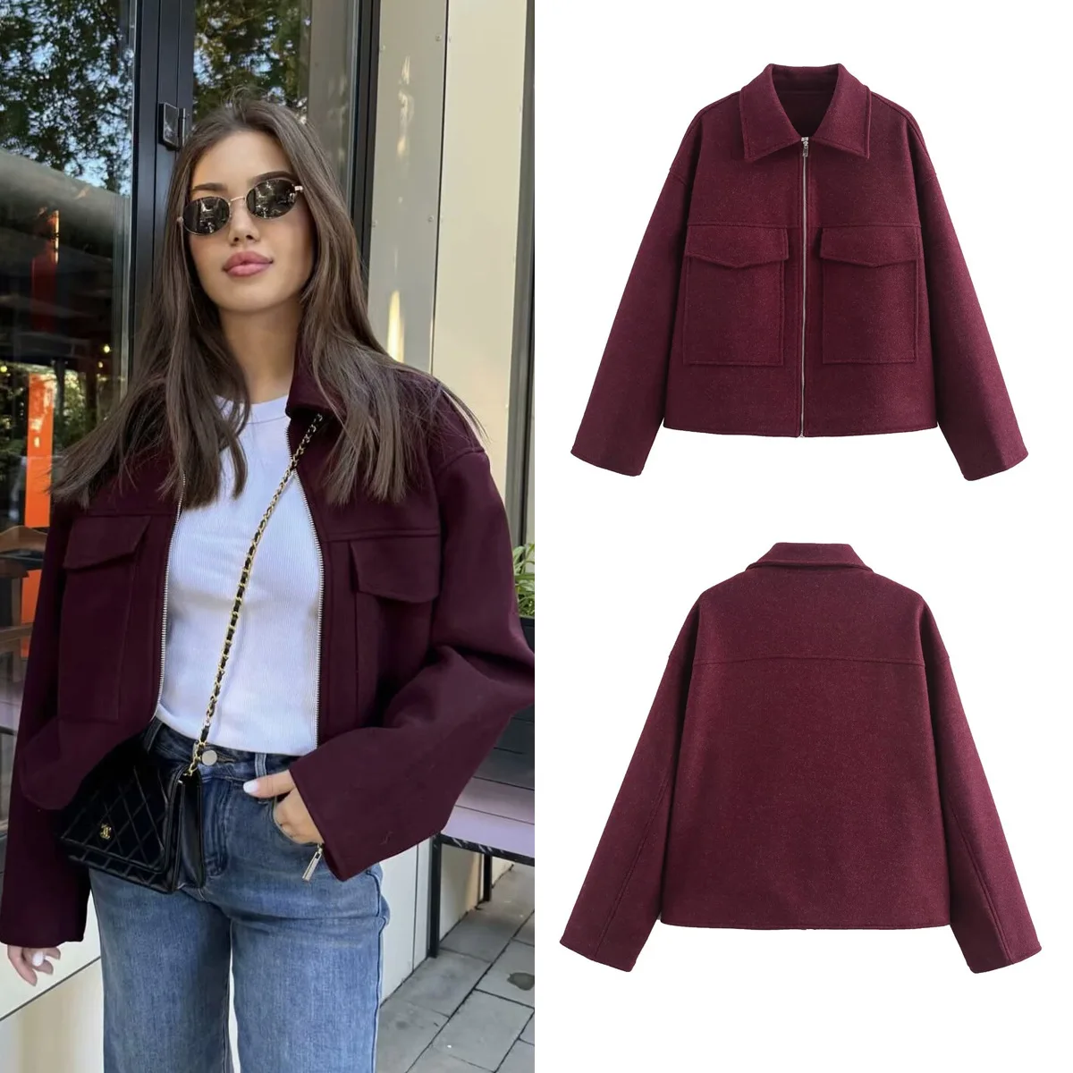 Herbst/Winter Frauen Große Tasche Zipper Woolen Mantel Mode Woolen Jacke Frauen Vintage Lange Hülse Weibliche Oberbekleidung Chic Tops
