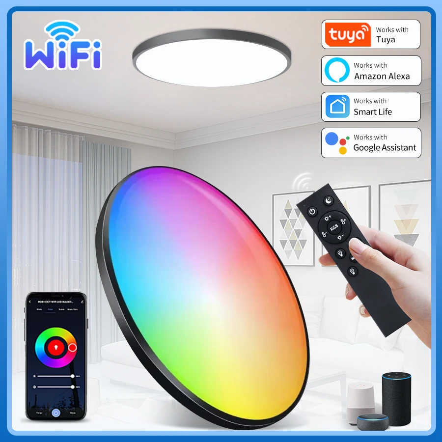 220V Tuya WiFi Smart Decke Licht 24W RGB Dimmbare Decke Lampe Mit RF 2,4G Fernbedienung Smart Leben APP Steuerung Alexa Google Hause