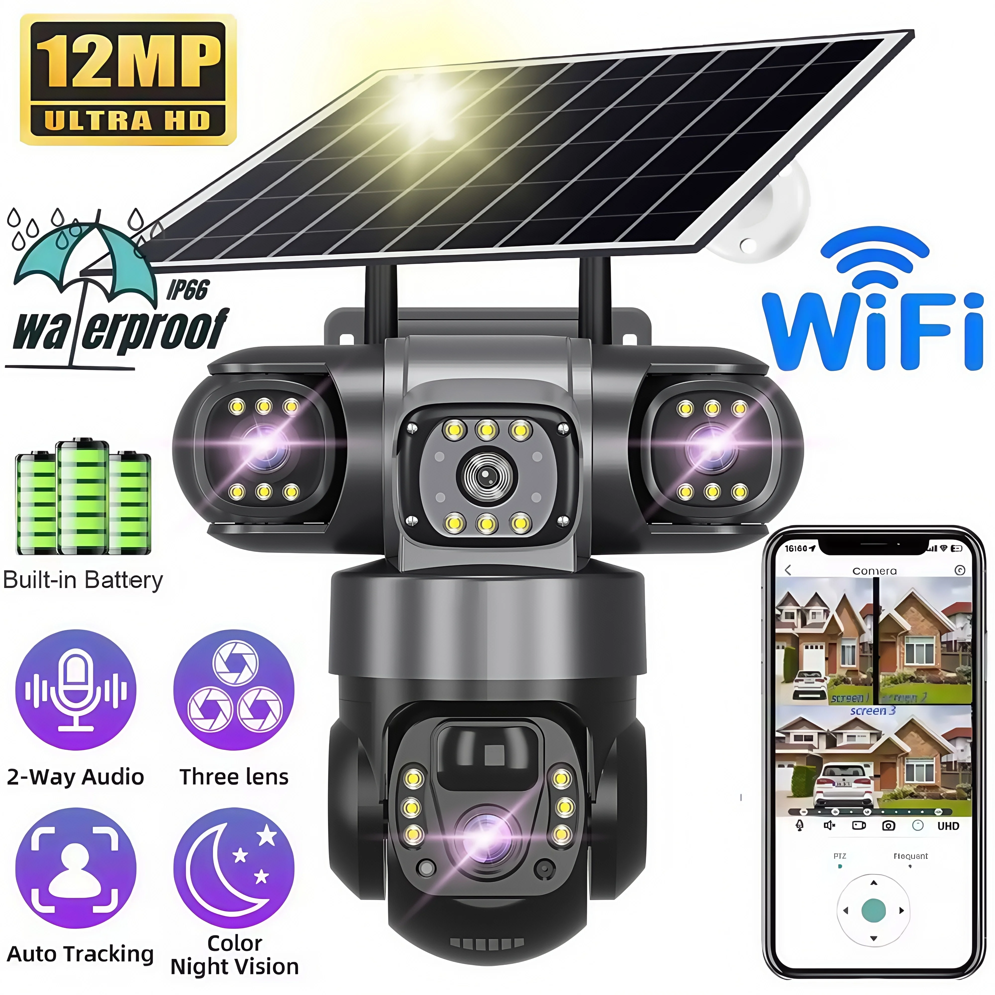 Solar Outdoor WIFI Kamera 12MP 6K Drei HD Len Drei Bildschirm Monitor Nachtsicht Sicherheit Schutz PTZ Video überwachung CCTV Image