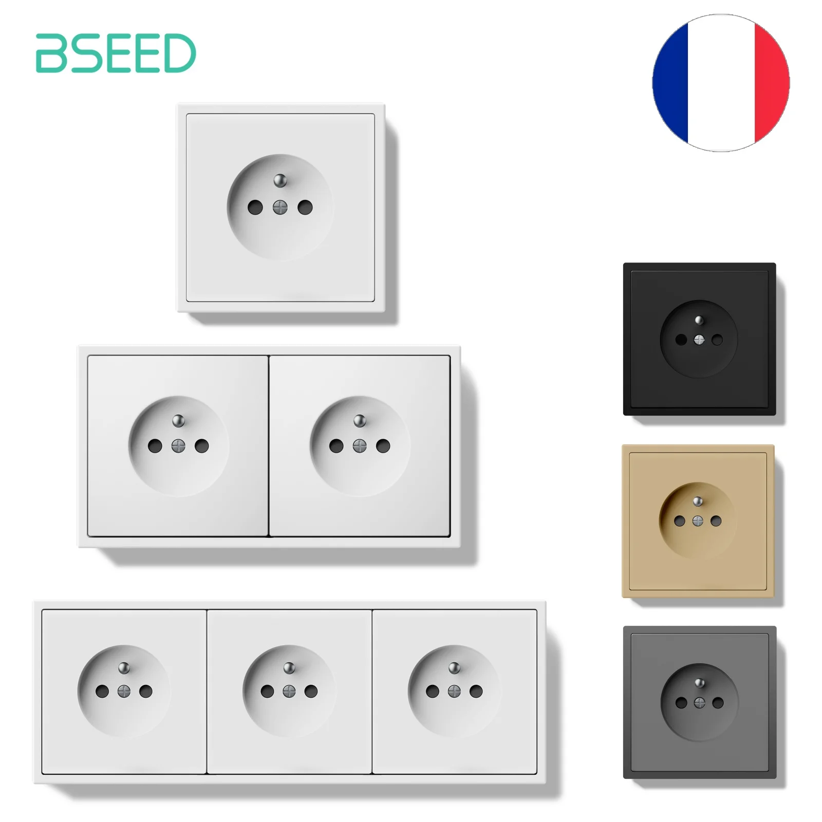 BSEED Einzel-FR-Steckdose, doppelte Steckdosen, Steckdosen, Kunststoffrahmen, Wandsteckdose, Weiß, Schwarz, Gold, Grau, 16 A, E-Serie Image