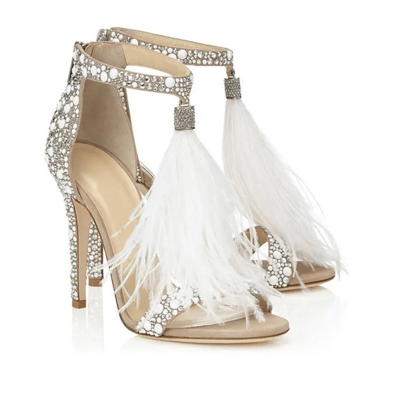 Frauen Sandalen Sommer Sexy Pumps Strass Reißverschluss Feder High Heel Aprikose Frauen Hochzeit Pumps Schuhe Größe 34-43