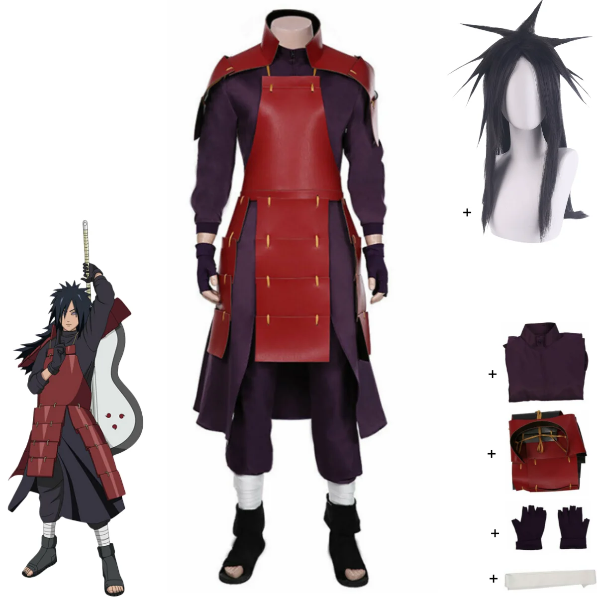 Anime Uchiha Madara Cosplay Kostüm Rot PU Weste Mantel Rüstung Robe Hosen Kampf Uniform Perücke Erwachsene Mann Karneval Weihnachten Anzug Image
