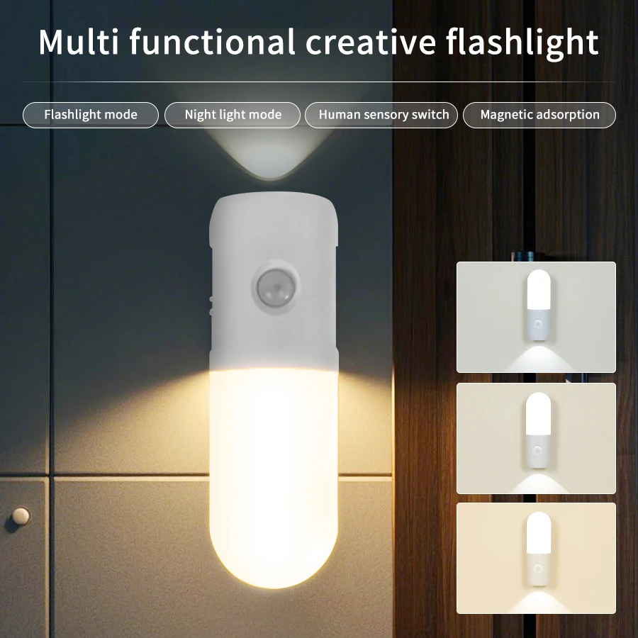 2-in-1-LED-Nachtlicht mit Bewegungssensor, 3 Farben, dimmbare Strahler, wiederaufladbare magnetische Wandlampe für Schlafzimmer, Flur, Treppe