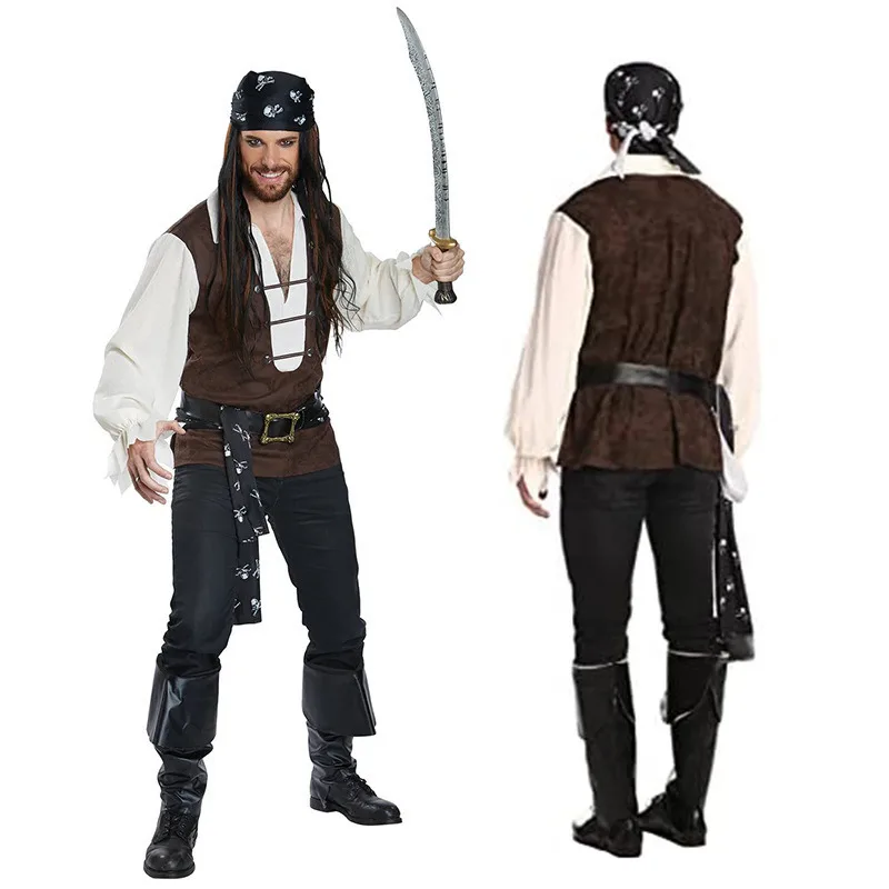 Piratenkostüme für Damen und Herren, Erwachsene, Halloween, männlich, Captain Jack Sparrow, Kostüm, Fluch der Karibik, Cosplay-Kleidungsset Image