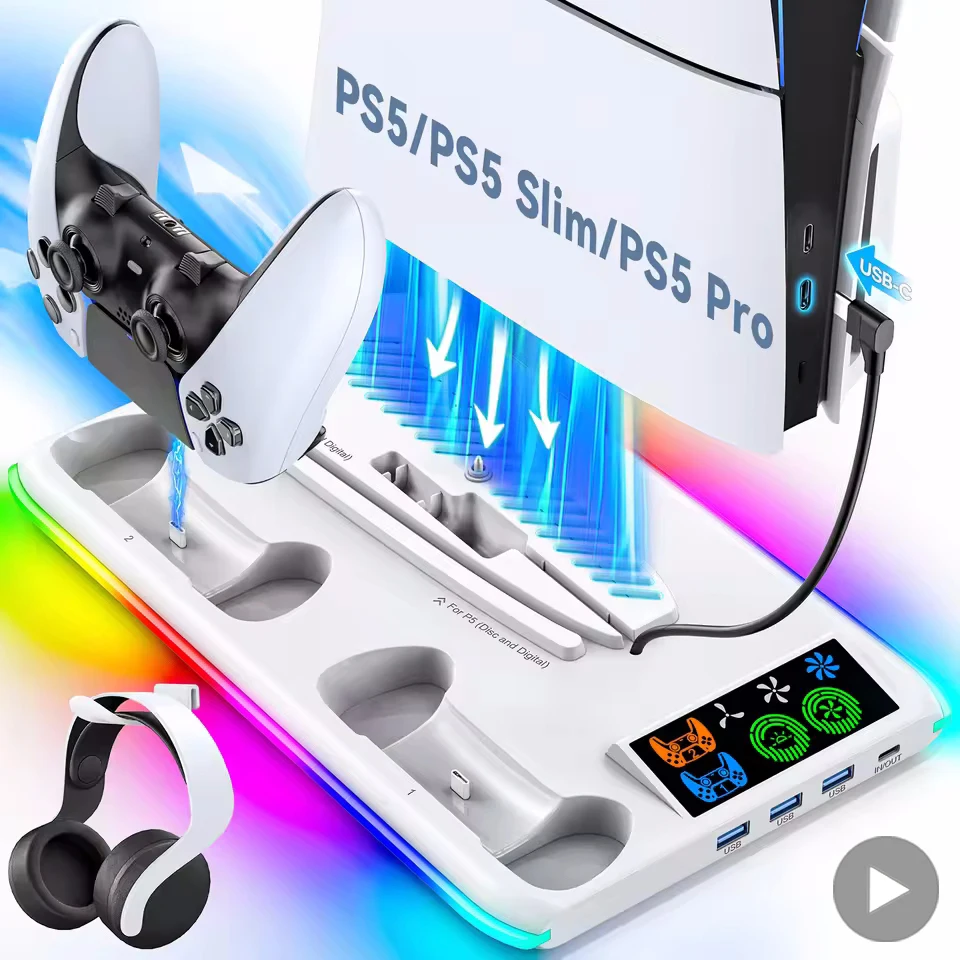 Game Stand For Sony PS5 Console Playstation Play Stations PS 5 Slim Pro Support Base Holder Cooler Fan RGB Gaming Accessories