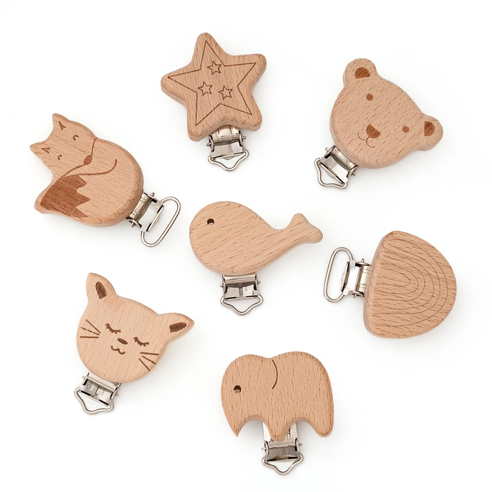 5Pcs Buche Schnuller Clips Tier Form Zahnen Holz Schnuller Clip Dummy Clip Ketten für Baby Beißring Pflege Zubehör Image