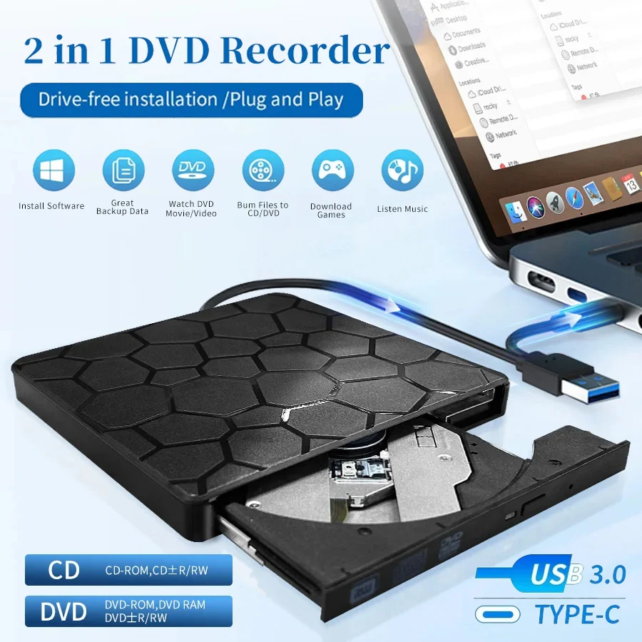 2-in-1 USB 3.0 Typ C Slim Externe DVD RW CD-Player Writer Reader Optische Laufwerke PC Laptop Desktop Tragbares DVD-Brenner-Laufwerk Image