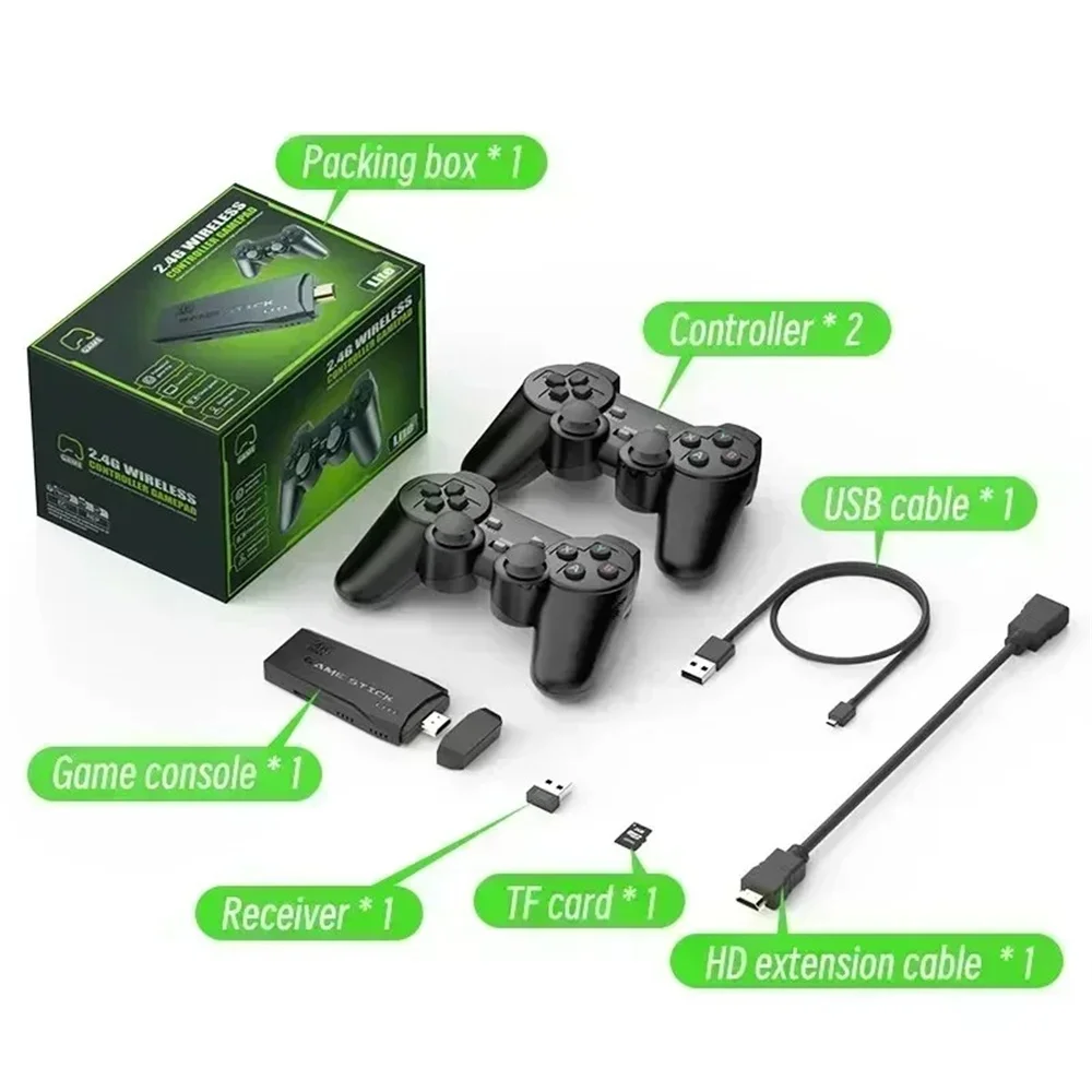 2.4G Video Game Console Dual Wireless Controller Game Stick 4K 10000 Games 64GB Retro Games for PS1/GBA Boys Christmas Gift