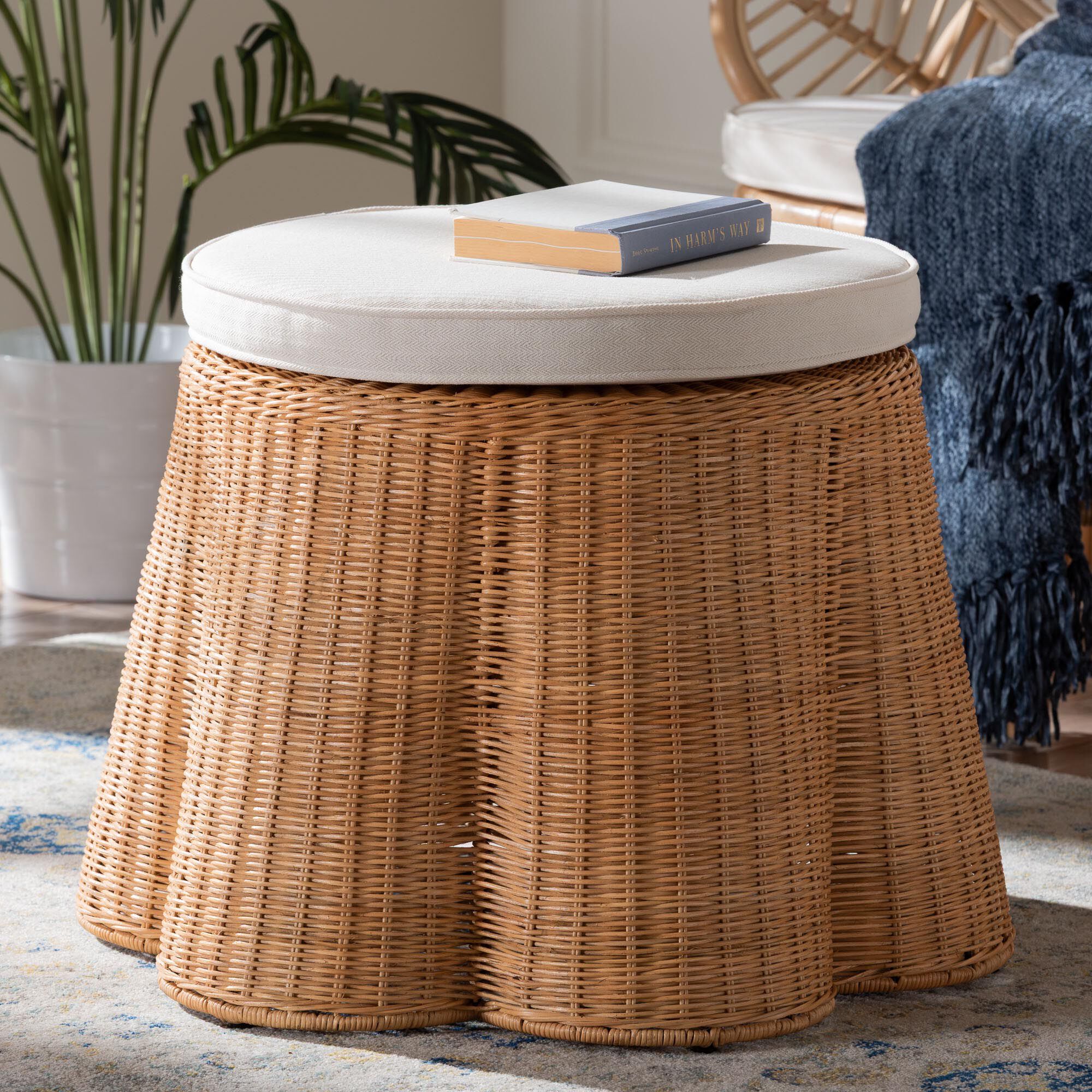 Palm Scallop Natural Rattan Ottoman, 26