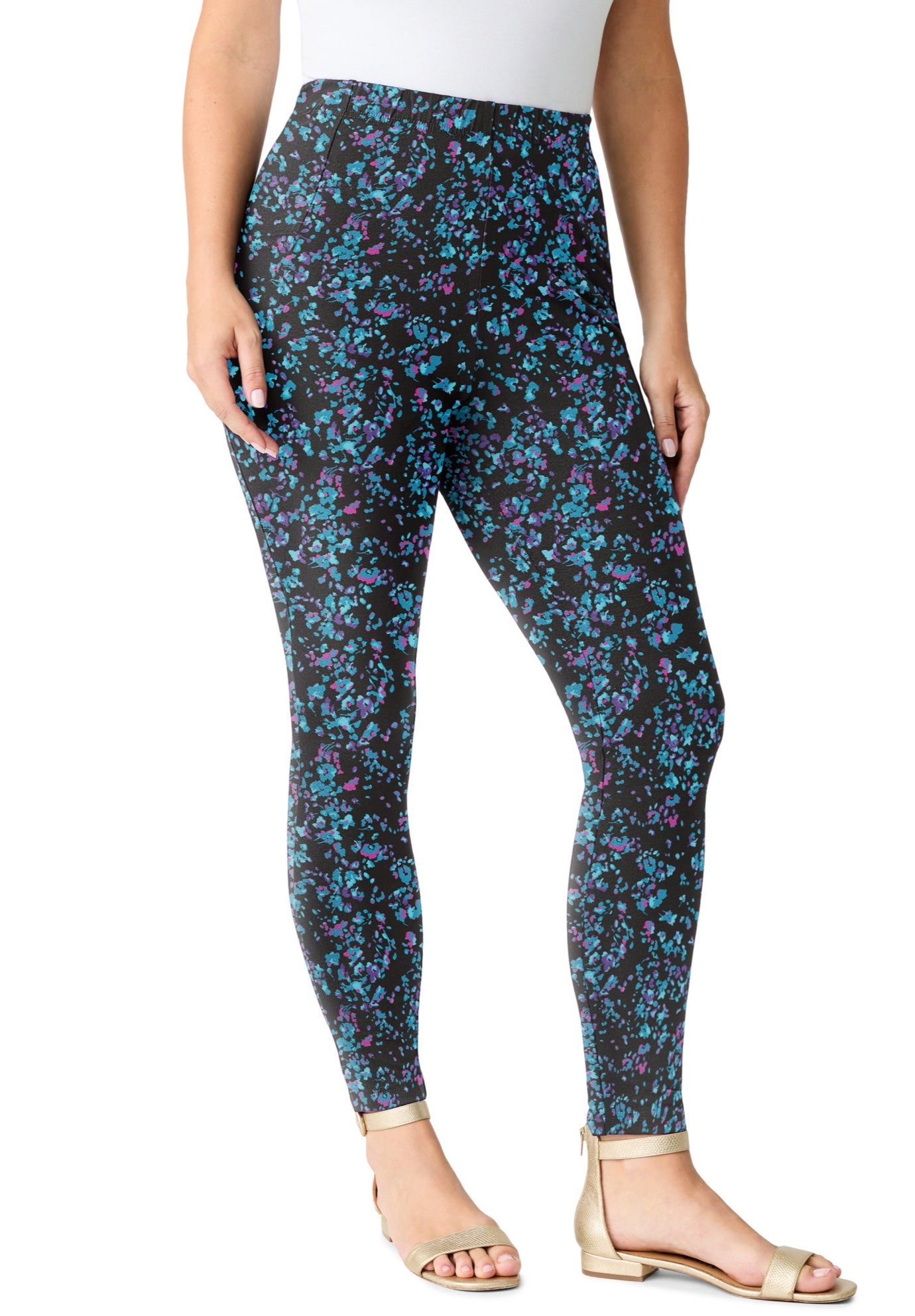 Plus Size Women's Side Pocket Essential Legging by Roaman's in Teal Watercolor Ditsy (Size 34/36)