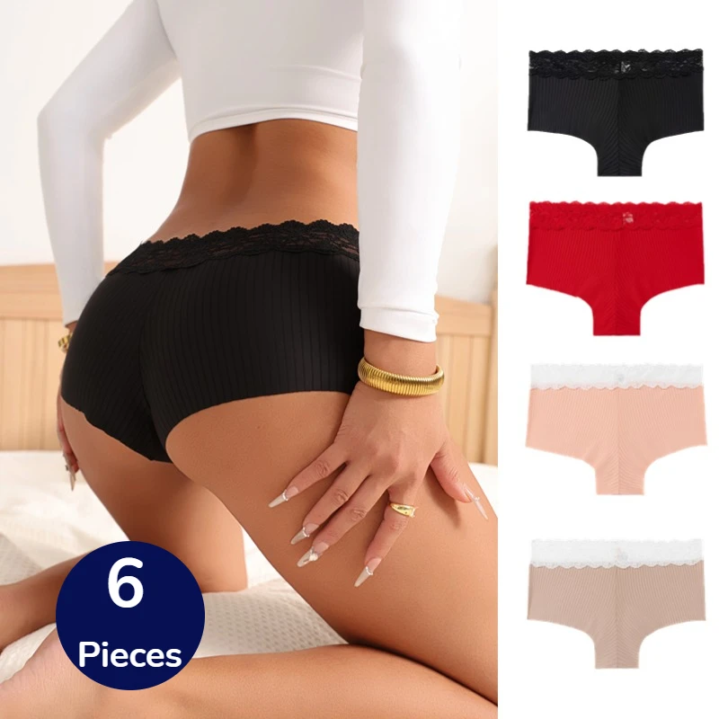 WarmSteps 6 Stück Damenhöschen für nahtlose Boxershorts, Unterwäsche, Spitze, Boyshorts, weiblich, sexy Dessous, modische, gemütliche Unterhose Image