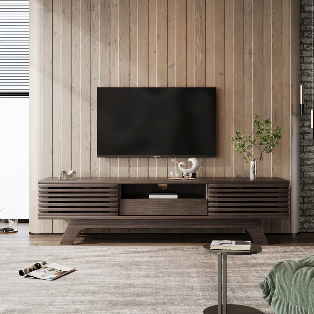 Mobile TV con cassetto e due ante, mobile TV, pannello TV, piano basso TV, mobile TV. Design unico, colore legno vintage.