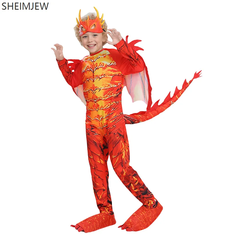 Spray Fire Dragon Kostüm für Kinder, geeignet für Halloween, Lesewoche, Karneval, Party, Anzieh, Flamme, Drache, Ritter, Flügel, Anzug Image