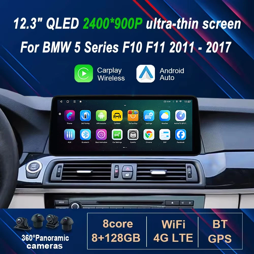 12,3" ultradünner Android 14 für BMW 5er F10 F11 2011–2017 GPS 4G WIFI Autoradio Video Multimedia Player Wireless Carplay Image
