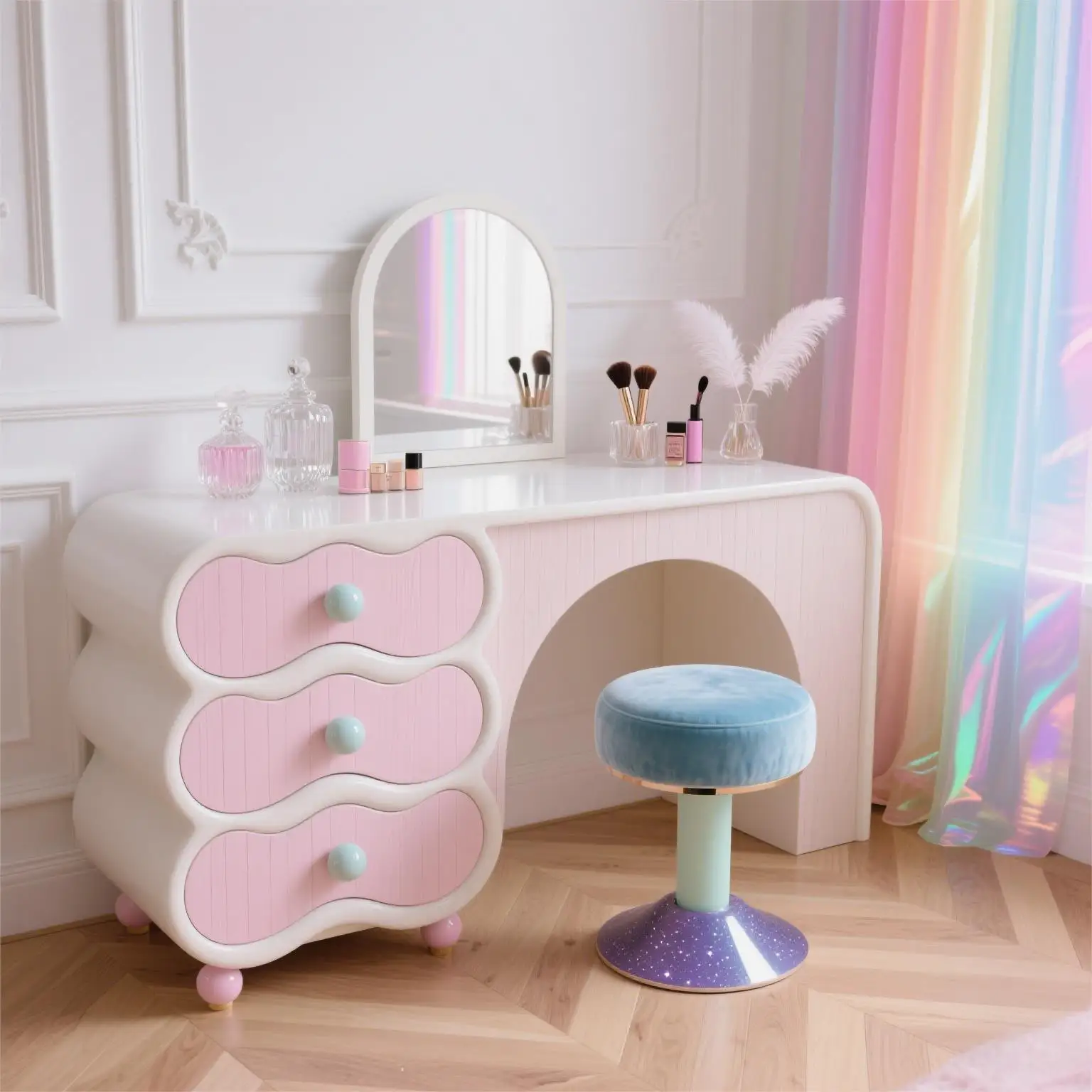 Rosa Design Schminktisch Frauen Europäische Kosmetik Schönheit Schlafzimmer Schminktisch Nordic Komfortable Make-Up Vestidores Möbel Image