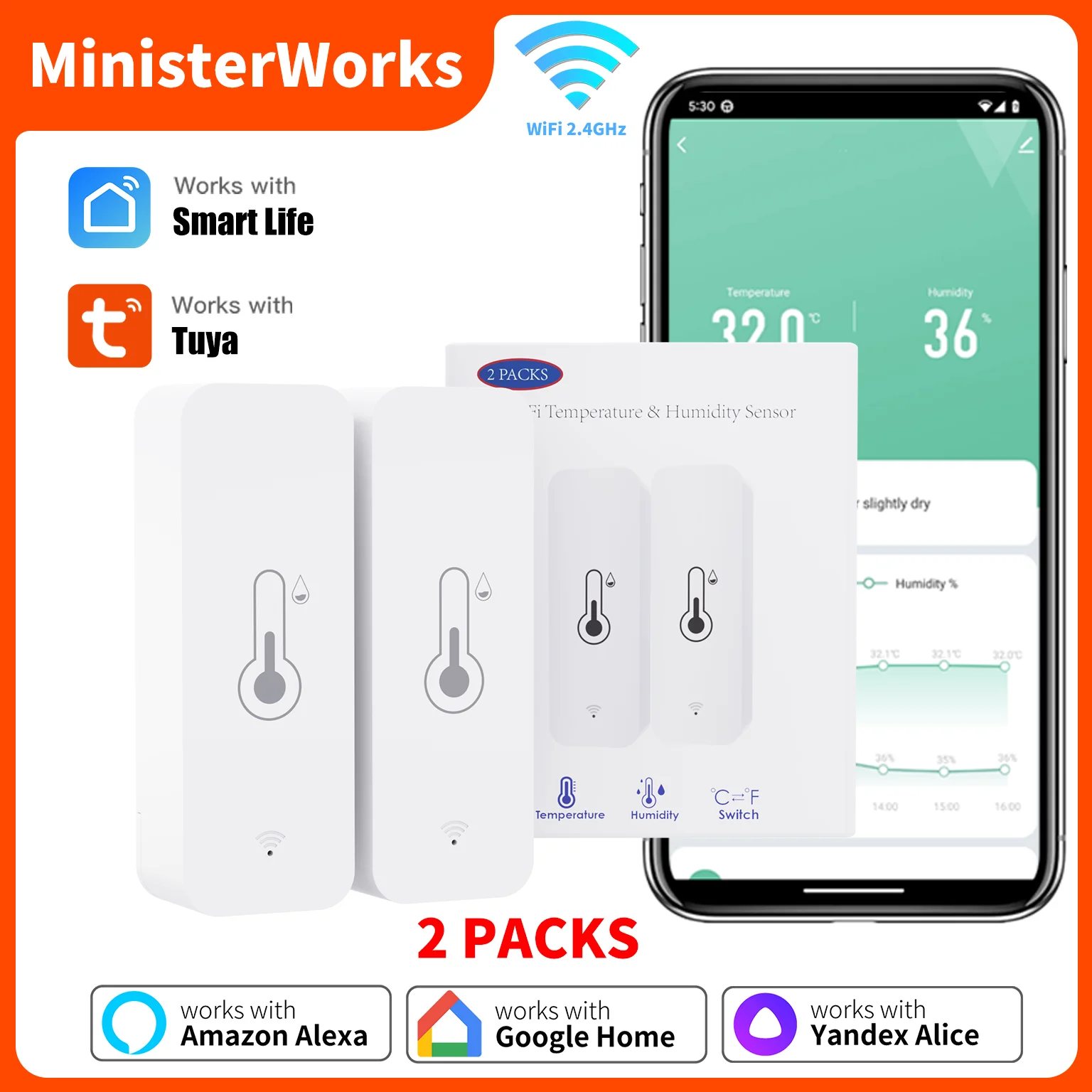 2PACK Tuya WiFi Temperatur- und Feuchtigkeitssensor Smart Life APP-Fernbedienung Funktioniert mit Yandex Alice Alexa Image