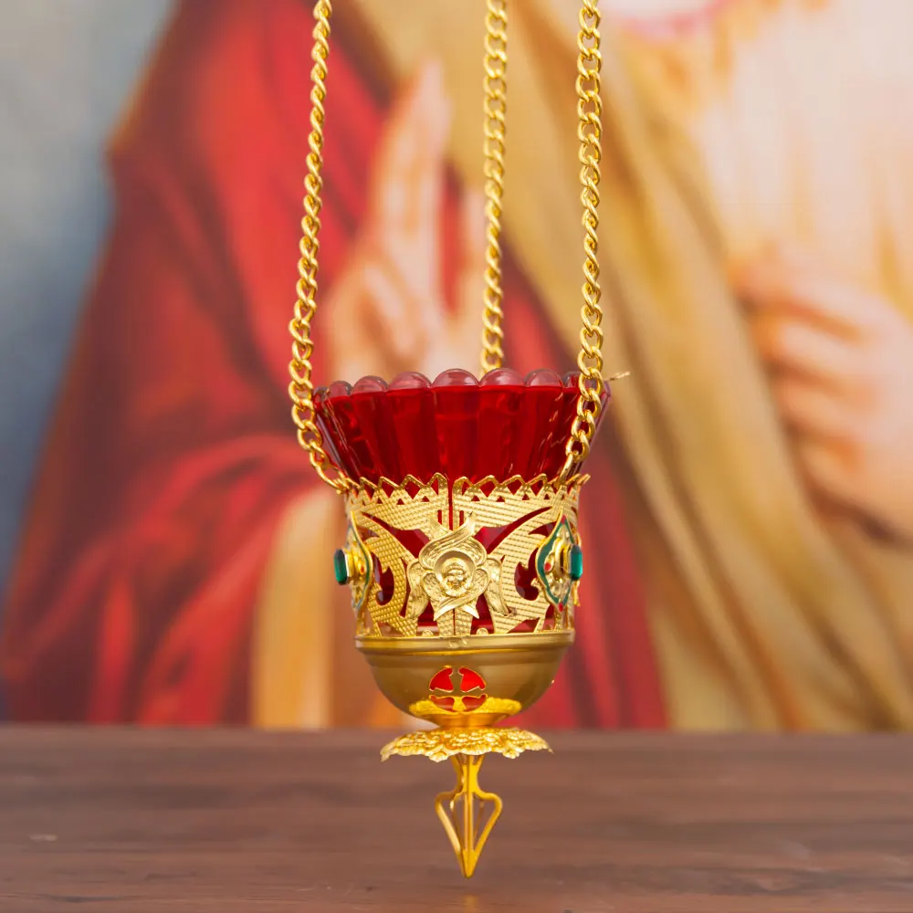 Orthodoxe christliche hängende Öllampe, orthodoxe Schwanzöllampen mit rotem Glasbecher, für religiöse Zeremonien und den täglichen Gebrauch