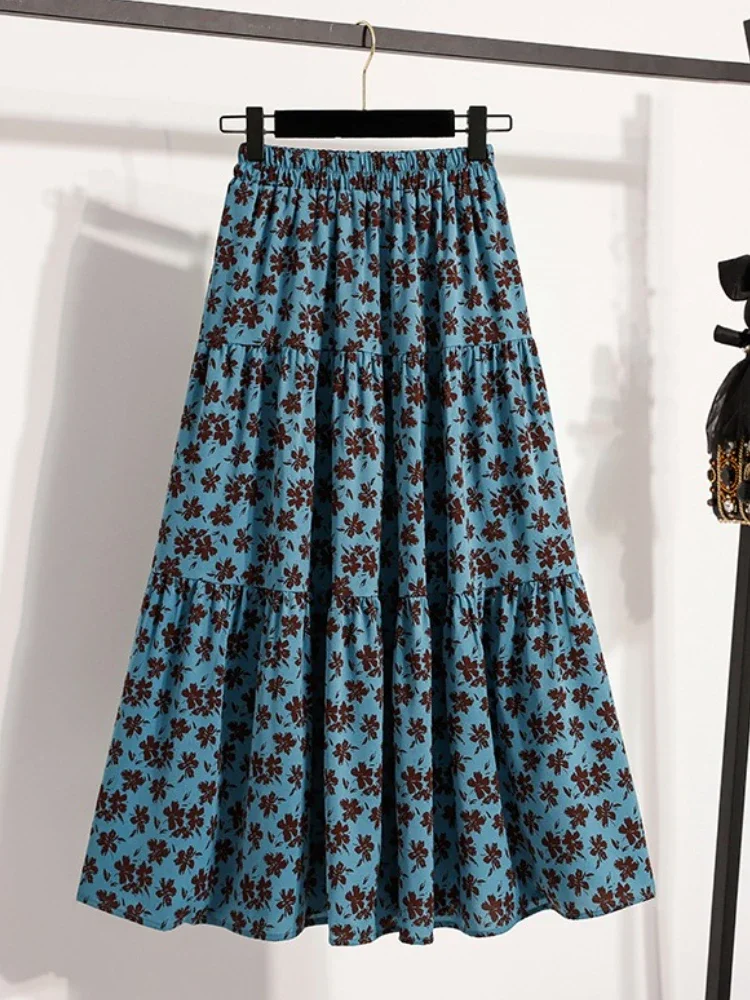 2026 Vintage Drapierter, eleganter chinesischer Stil, halblange Damenröcke, Herbst-Blumen-Plissee-A-Linien-Rock mit Futter Image