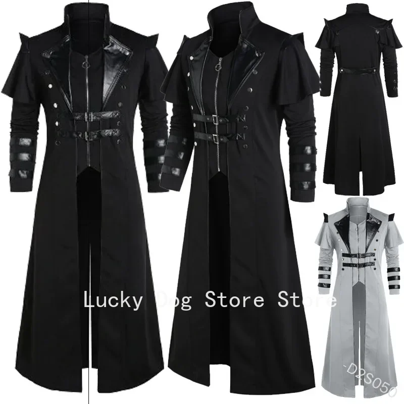 Vintage Halloween Mittelalter Steampunk Assassin Elfen Piratenkostüm Erwachsene Männer Schwarze lange geteilte Jacke Gothic Rüstung Ledermäntel Image