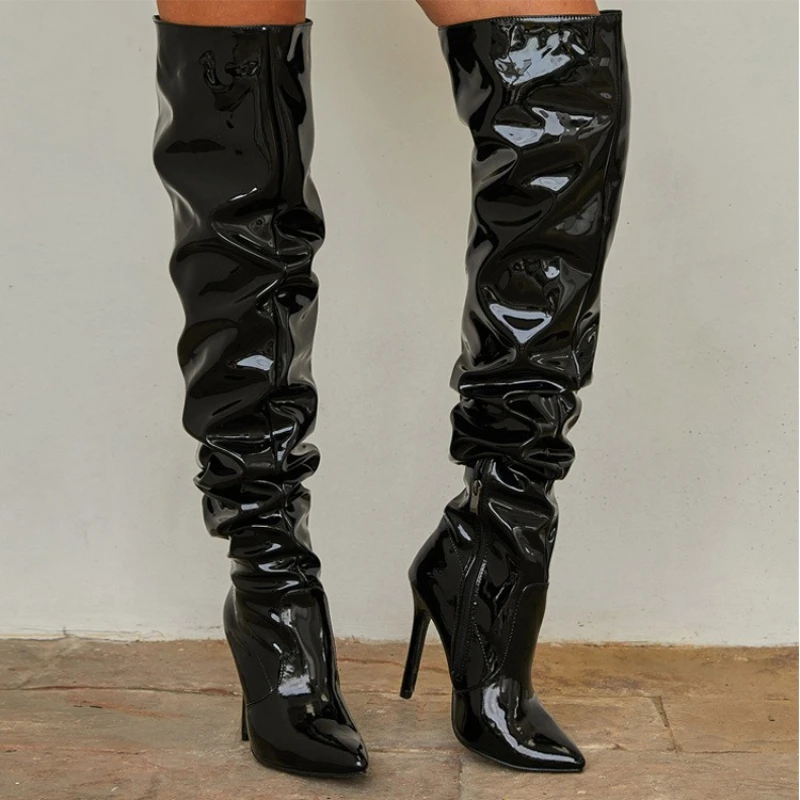 Damenstiefel über dem Knie, glänzende, plissierte High-Heel-Stiefel, seitlicher Reißverschluss, Damenpumps, spitze Zehen, Stiletto-Damenschuhe, Lackleder