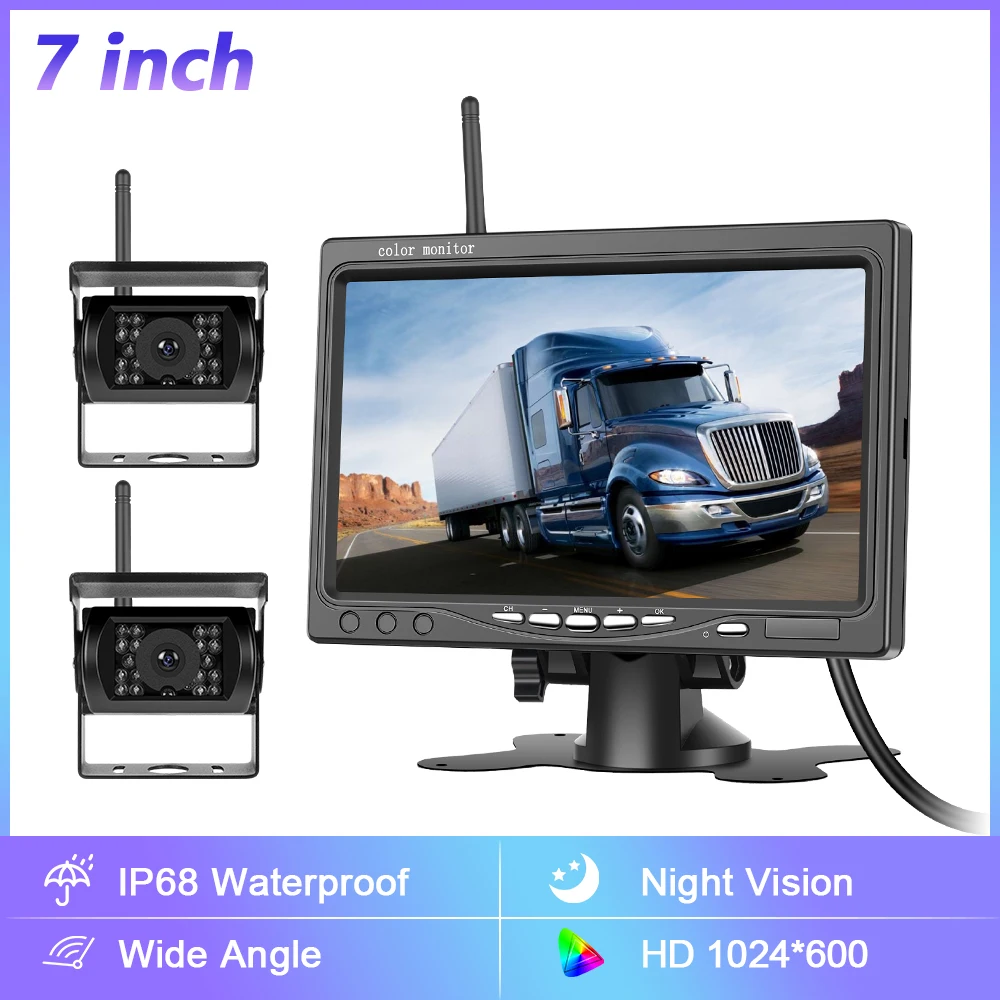 Inefala 7 IPS-Automonitor und kabellose Dual-Rückfahrkameras, Nachtsicht, 1080P, Backup-Parkkamera für Wohnmobil, LKW, Trail, Bus Image