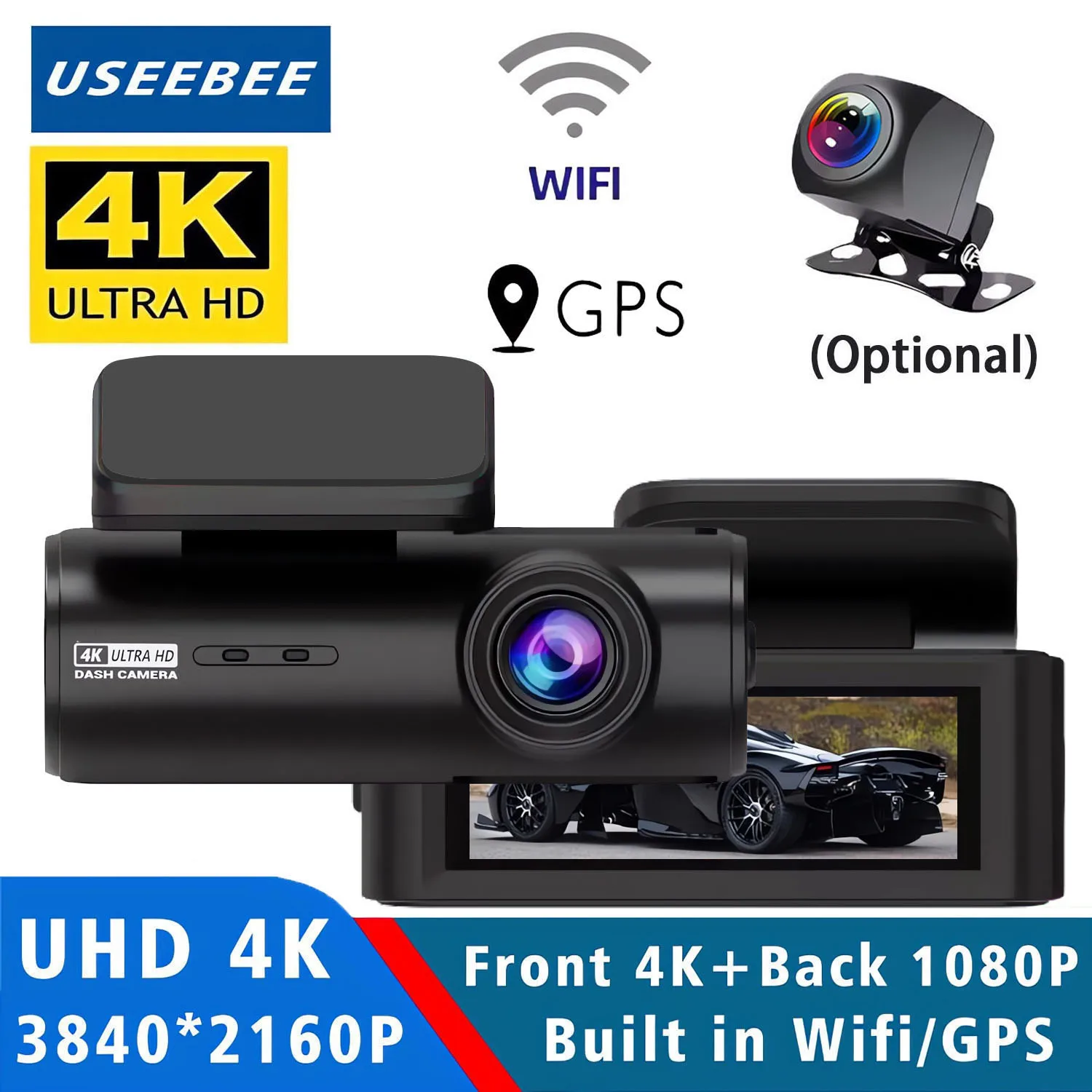 4K Dash Cam 3840*2160P Auto DVR Unterstützung WIFI GPS Dual objektiv Auto Mini Auto Kamera mit Super Nachtsicht G-Sensor 24H Parkplatz Image