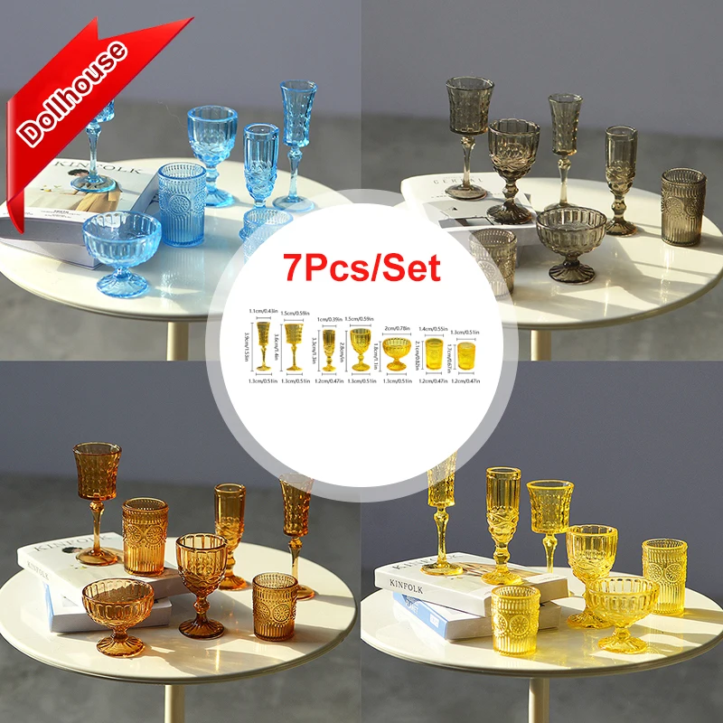 7 Teile/satz 1:6 Miniatur Wasser Tasse Geschnitzt Wein Glas Champagner Glas Modell Küche Möbel Puppenhaus Zubehör Pretend Spielzeug