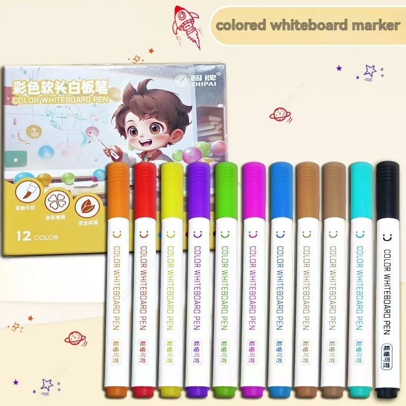 12-Farben-Pinselspitze, löschbares Whiteboard-Stift-Set, Tafelmarker, Schule, Büro, Kunst, Schreiben, Schreibwaren, Whiteboard-Markierungsstift Image