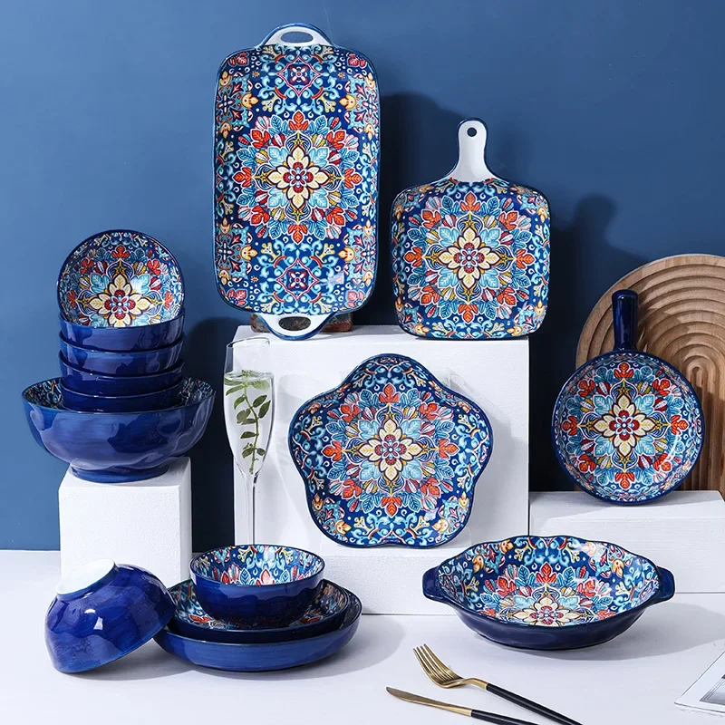 Bohemia Ceramic Rice Bowl Serving Plate Creative Ceramic Cutlery Soup Noodle Bowl Household Handle Bowl Sauce Dish