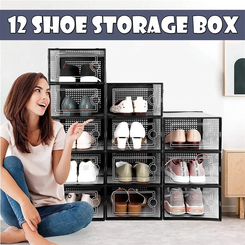 12-teilige Schuhbox, faltbare Sneaker-Schuh-Aufbewahrungsbox, stapelbar, transparent, für Wohnzimmer, Schränke, Schuhregal, Organizer
