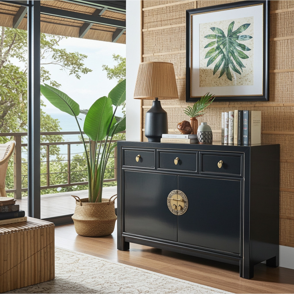 OPIUM OUTLET Asia Möbel Kommode Schrank Sideboard Hochzeitsschrank 33083 schwarz /schwarz-blau Landhaus-Stil asiatisch chinesisch orientalisch Image