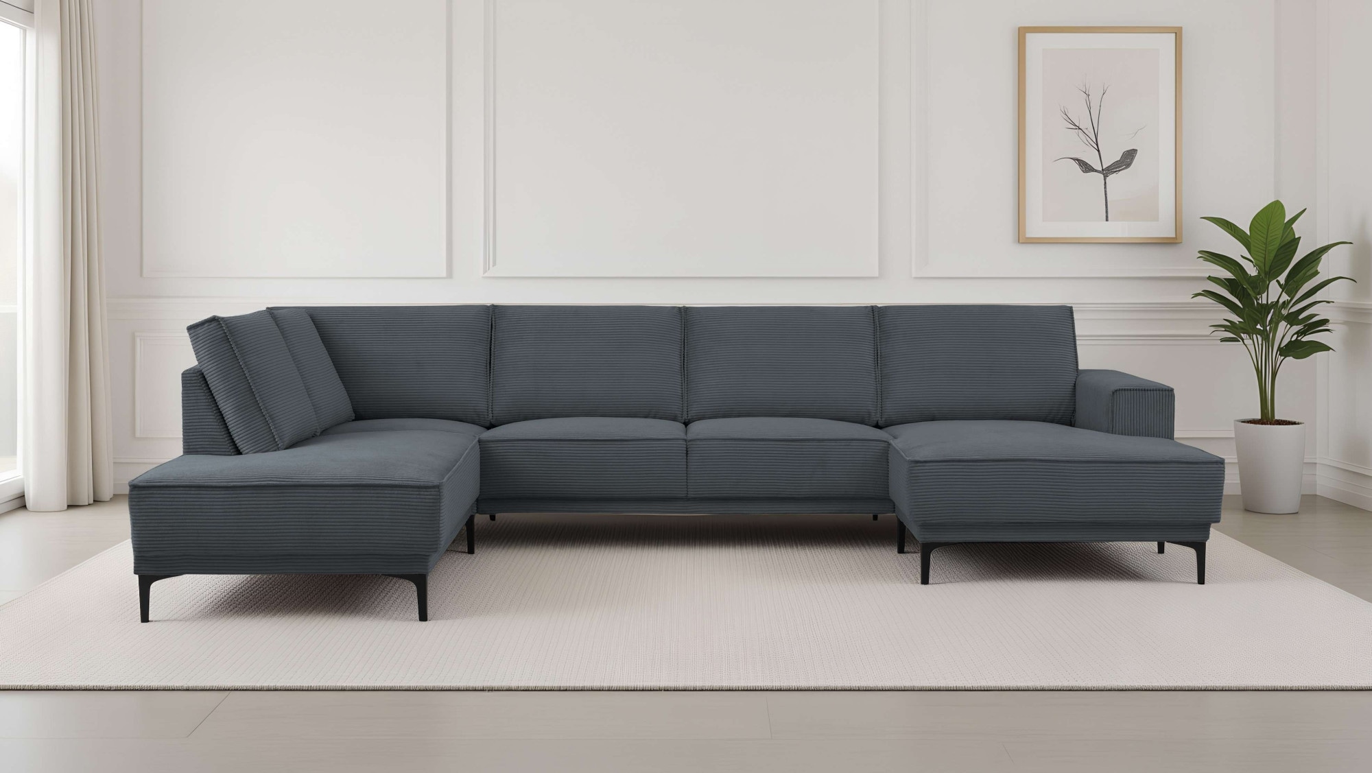Wohnlandschaft OTTO HOME "XXL Sofa Oland, Struktur, Flachgewebe, Luxus-Microfaser, Boucle", dunkelgrau, B:345cm H:85cm T:210cm, 92%PES 8%NY, Sofas, Wohnlandschaft, U-Form, 345 cm, Wellenunterfederung, Skandi-Design, Metallfüße