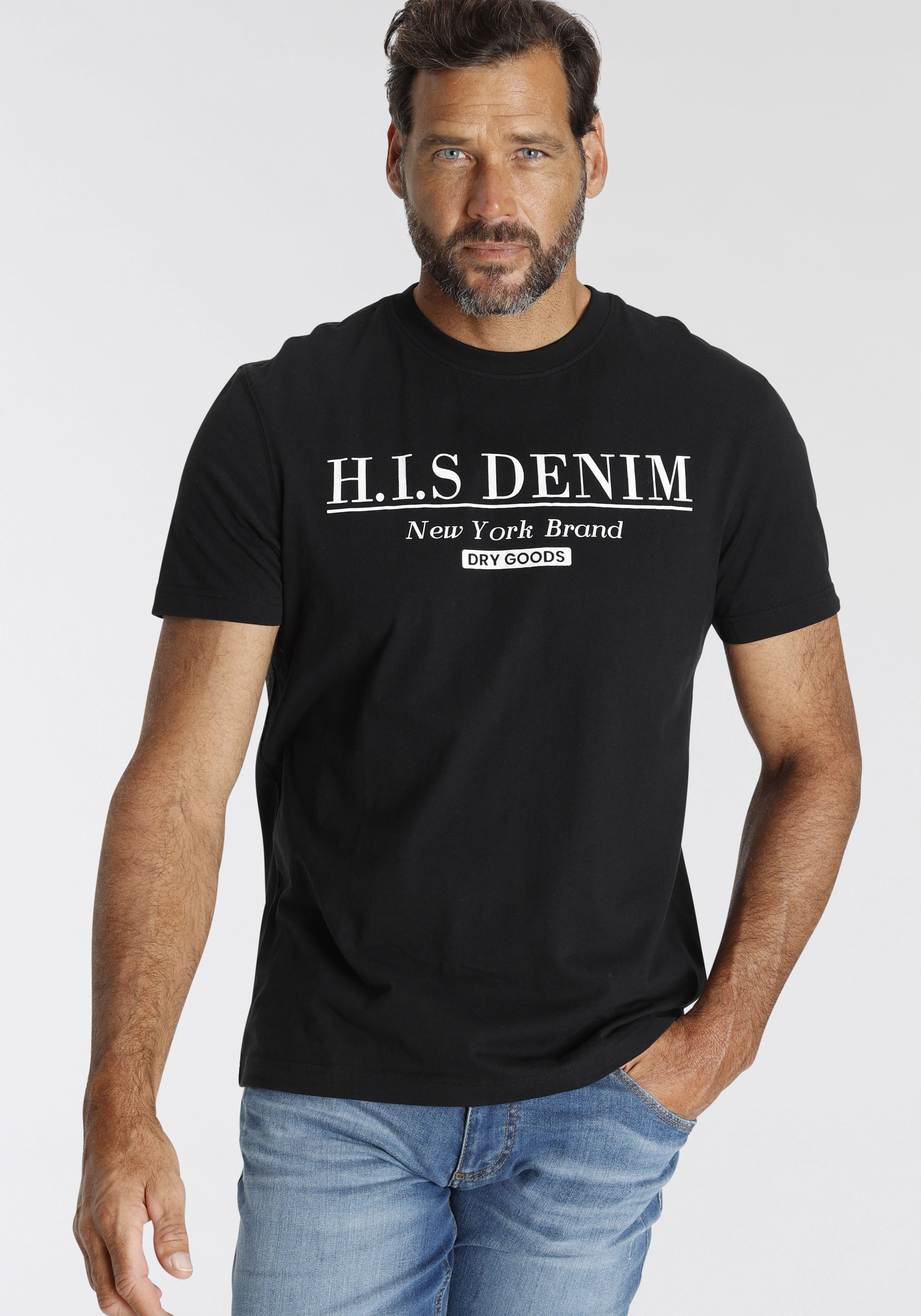T-Shirt H.I.S, Herren, Gr. 4XL (68/70), schwarz, Single Jersey, Obermaterial: 100% Baumwolle, bedruckt, Basic schmal, Rundhals, Shirts, schmale Passform, bedrucktes Design, Rundhalsausschnitt Image